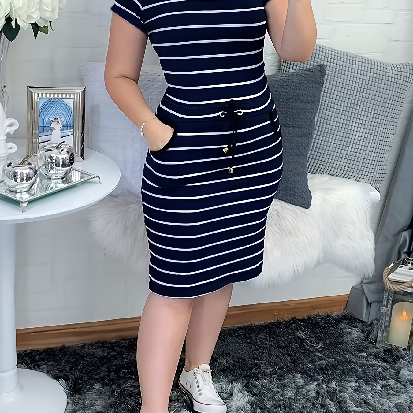 TEMU Women's Spring/summer New Casual Double Pocket Striped Drawstring Bodycon Dress