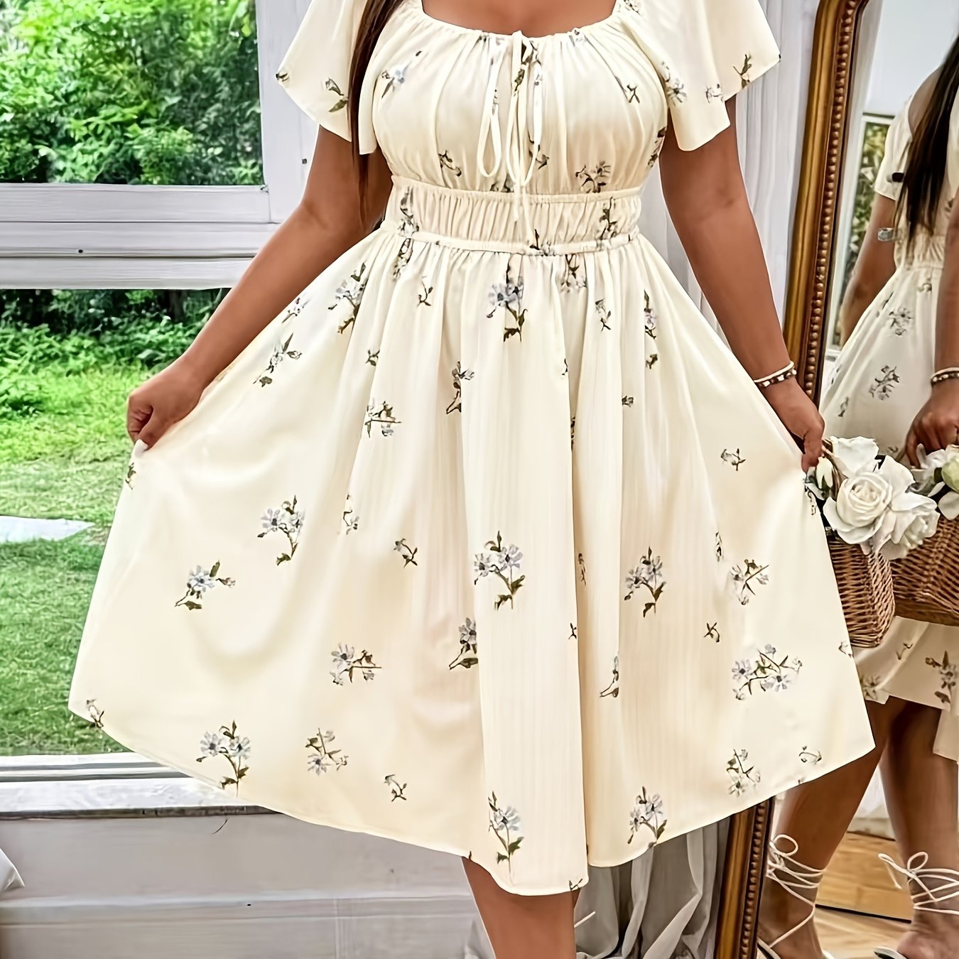 Plus Size - Plus Size - Plus Size Women's Vacation Floral Print Drawstring Elastic Waist Midi Dress