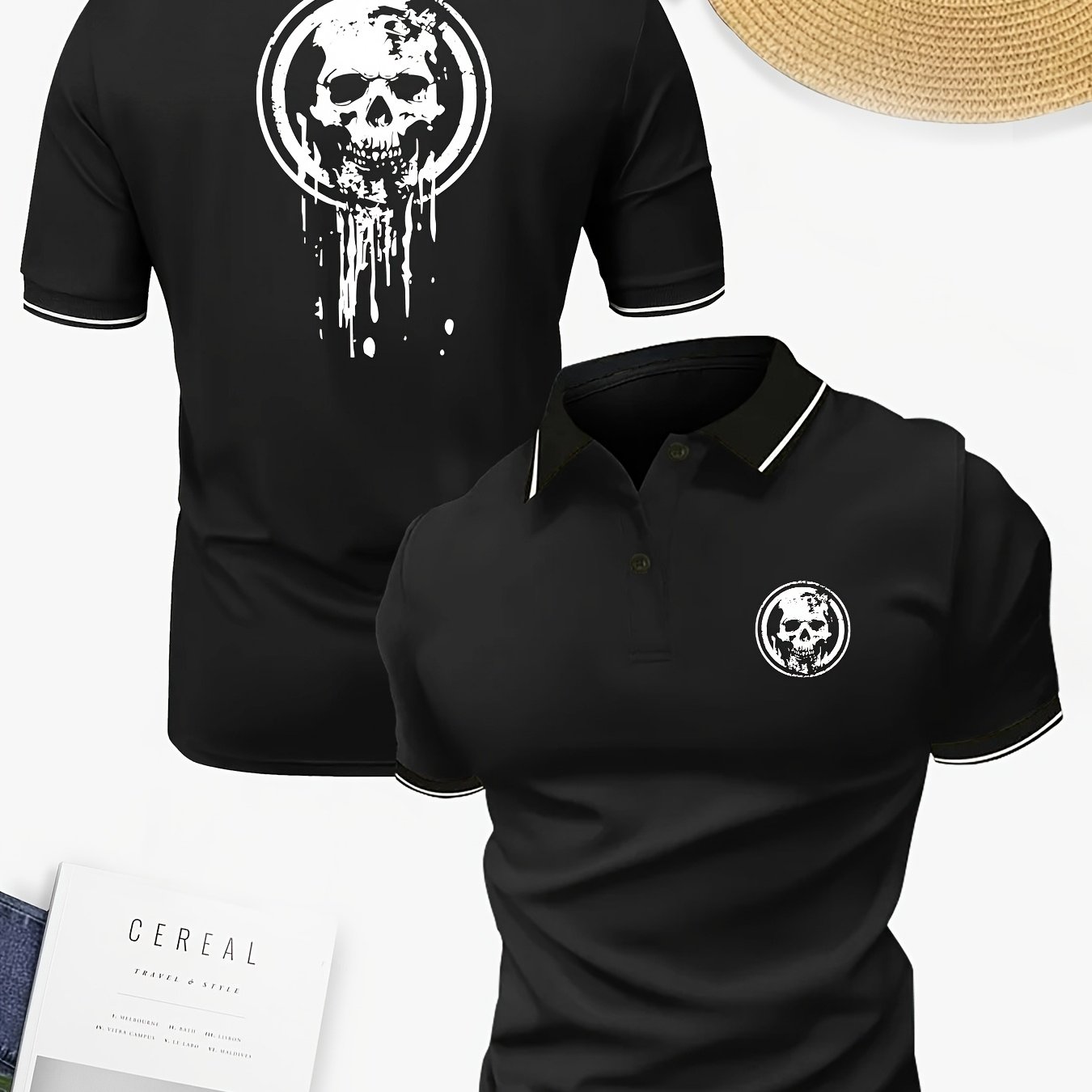 E-shop Herren-Golfshirt mit Totenkopf-Druck - Sommerliches Kurzarmhemd für Freizeit und Business-Casual in Regulärer Passform mit geometrischem Muster,
