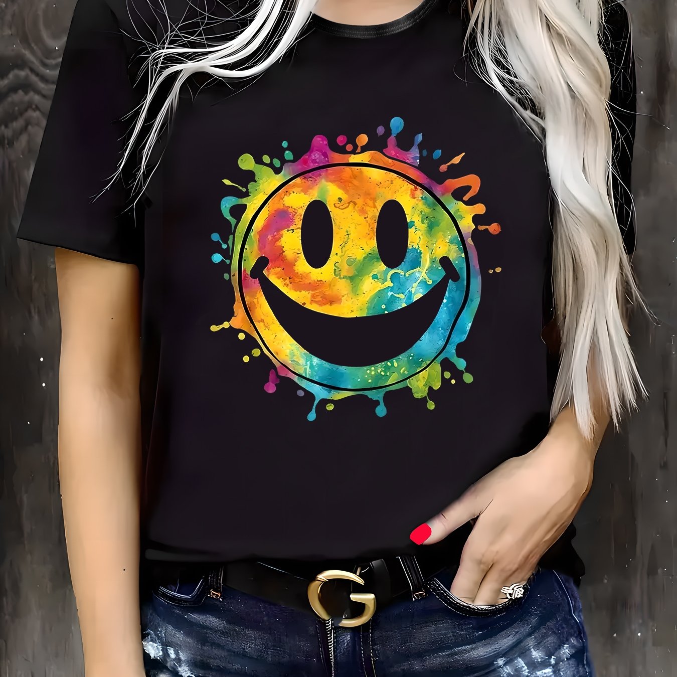 TEMU Plus Size, Plus Size Women's Casual T-shirt - Colorful Geometric Face Print, Stretchy Fabric, Round Neck Short Sleeve Top For Spring/summer,