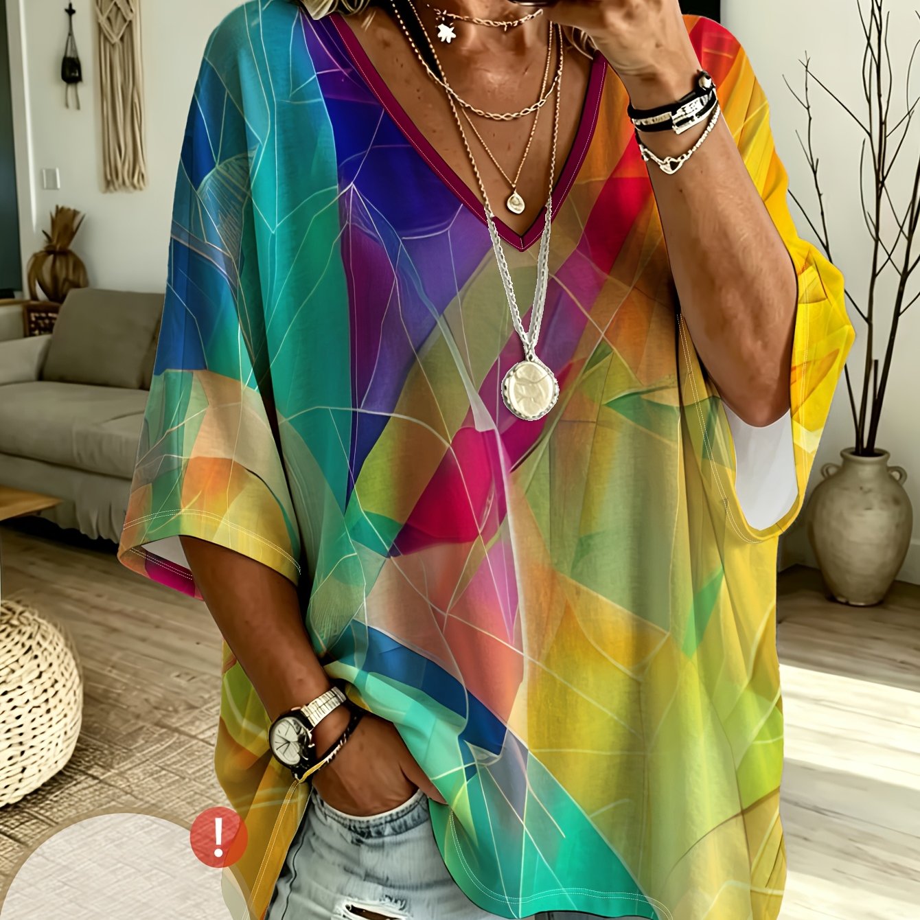 TEMU Plus Size Women's Casual V-neck Three-quarter Sleeve, Geometric Pleated Print, Loose Body-covering, -garde Versatile