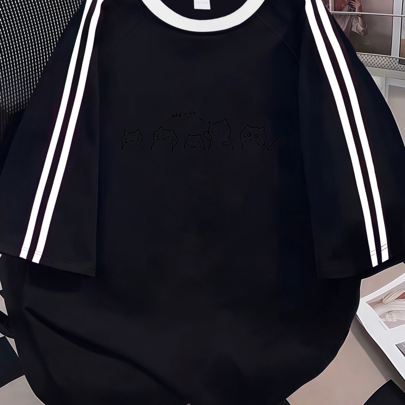 TEMU Spring Summer Simple Versatile Short Sleeve T-shirt Black And White Striped Edge With Cat Pattern Super Trendy