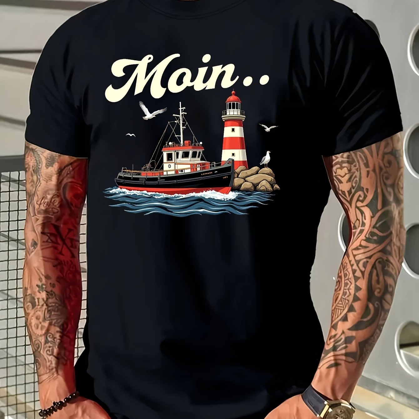 Image of Men's Navy Blue Nautical Lighthouse & Fishing Boat Graphic T-shirt Soft 100%, Crew Neck, , Regular Fit, Perfect For Outdoor Activities, Casual Summer Tee With Moin Print