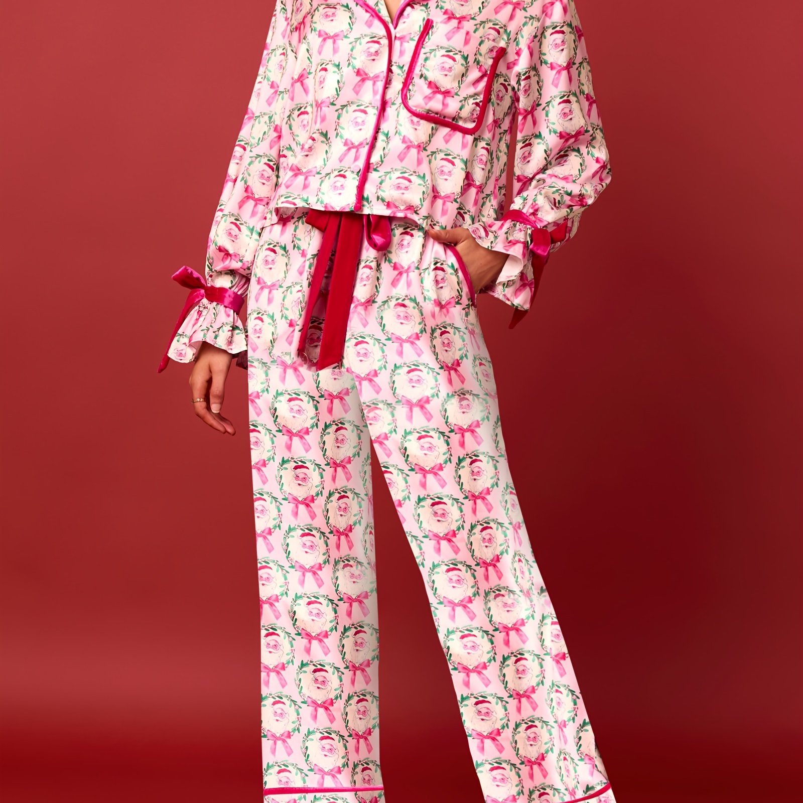 TEMU Women's Christmas Printed Home Suit Set Button Up Shirt Top, Bottom, Pants, Casual And Fashionable