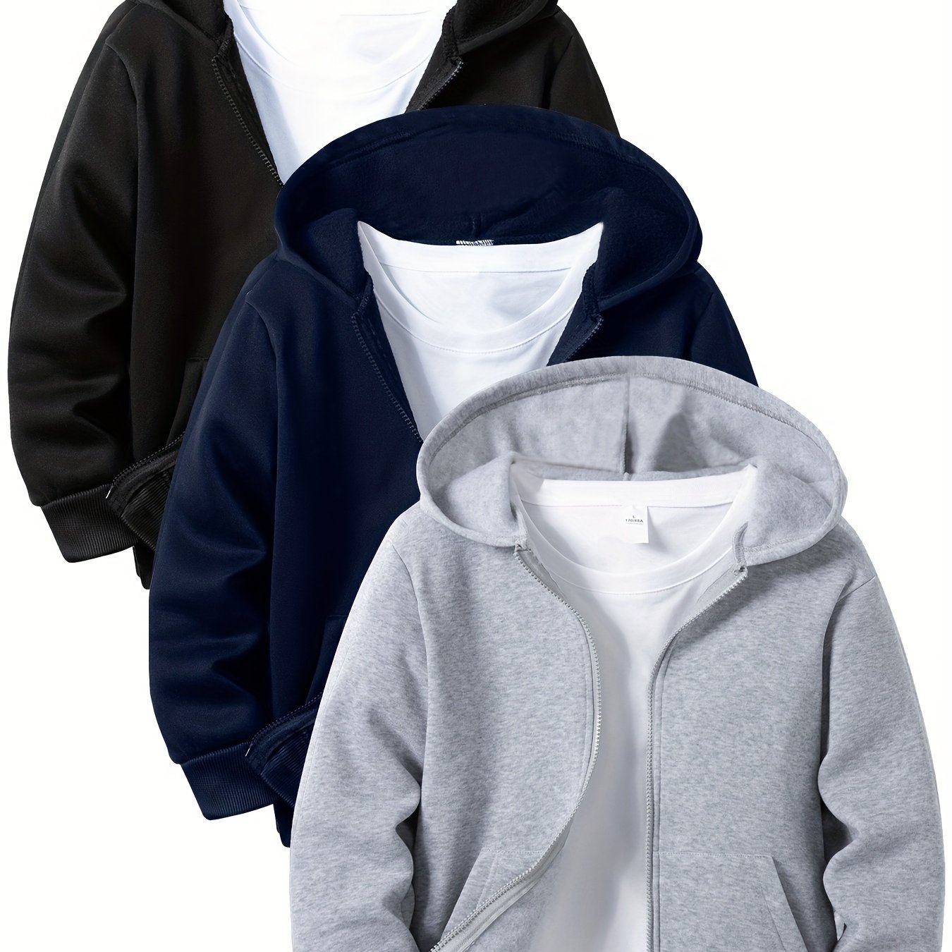 3pcs Boys' Solid -up Sweatshirt Hoodies, -lined Children's Casual Sportswear For Autumn And Winter, Fashionable Versatile Cardigan Jackets