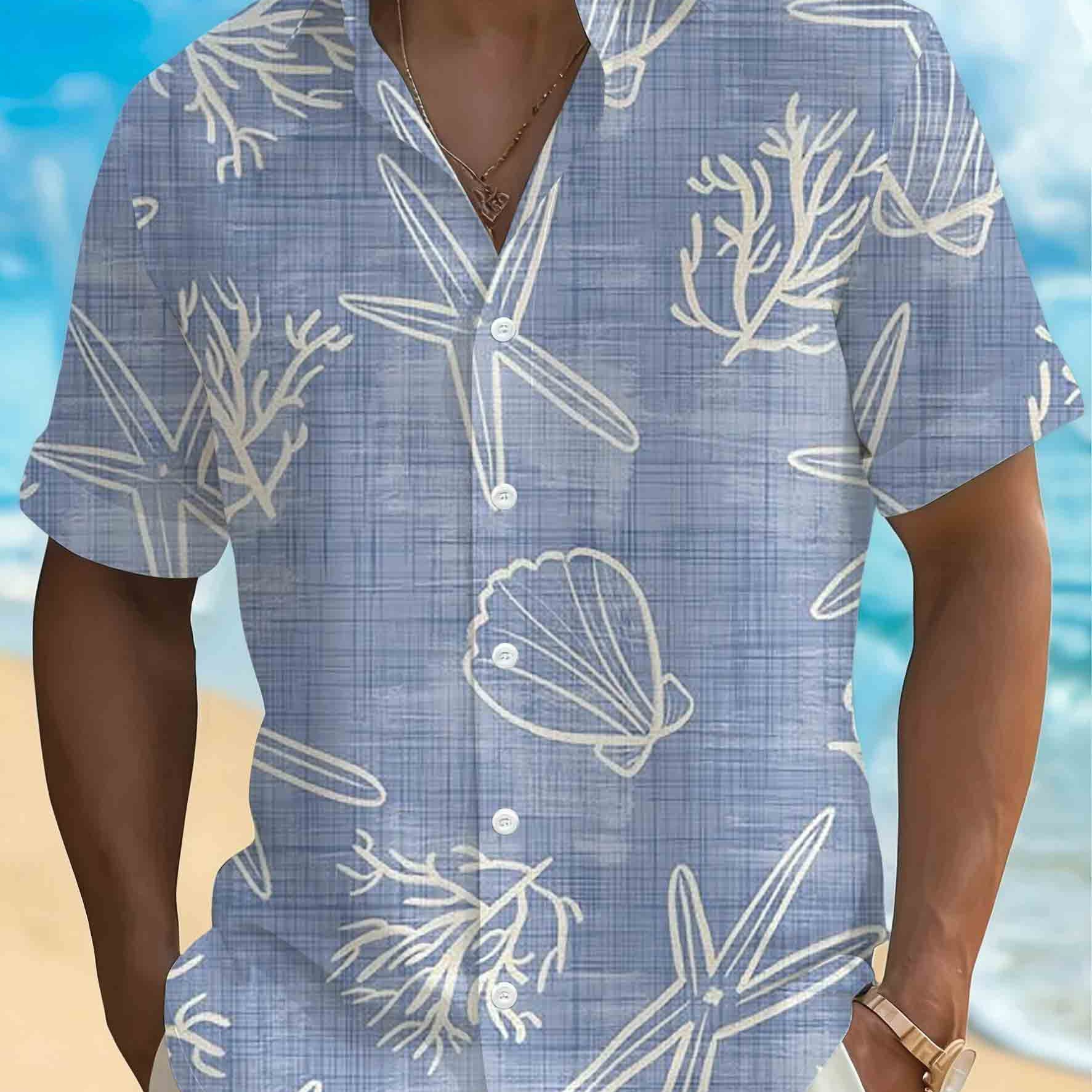 TEMU 【メンズ】夏のオーーマ 半袖花柄シャツ。ヒトデ、貝殻、サンゴのプリントが特徴。ゆったりとした襟付きシャツは、ビーチバケーション、カジュアルなお出かけ、デートに最適。