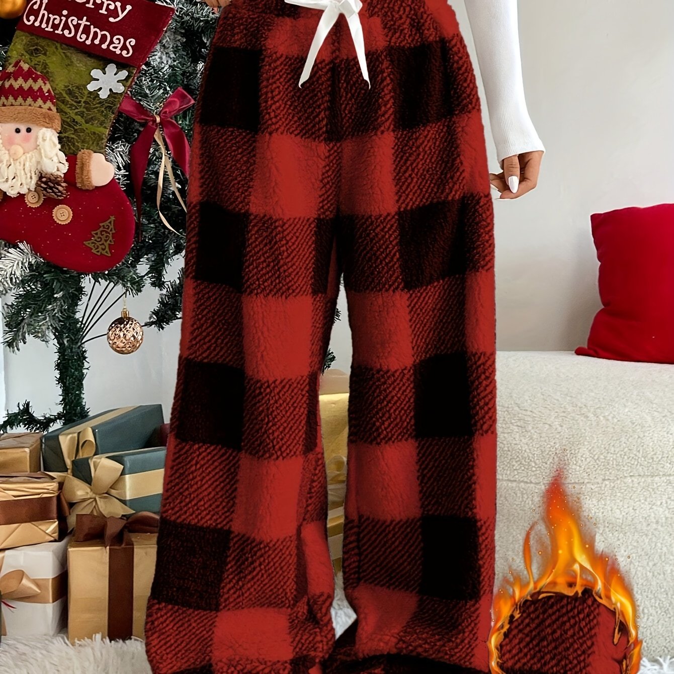 Autumn/winter Women's Waist-cinching Wide-leg Christmas Pine Check Pattern Wide-leg Pants, Autumn/winter Casual Pants