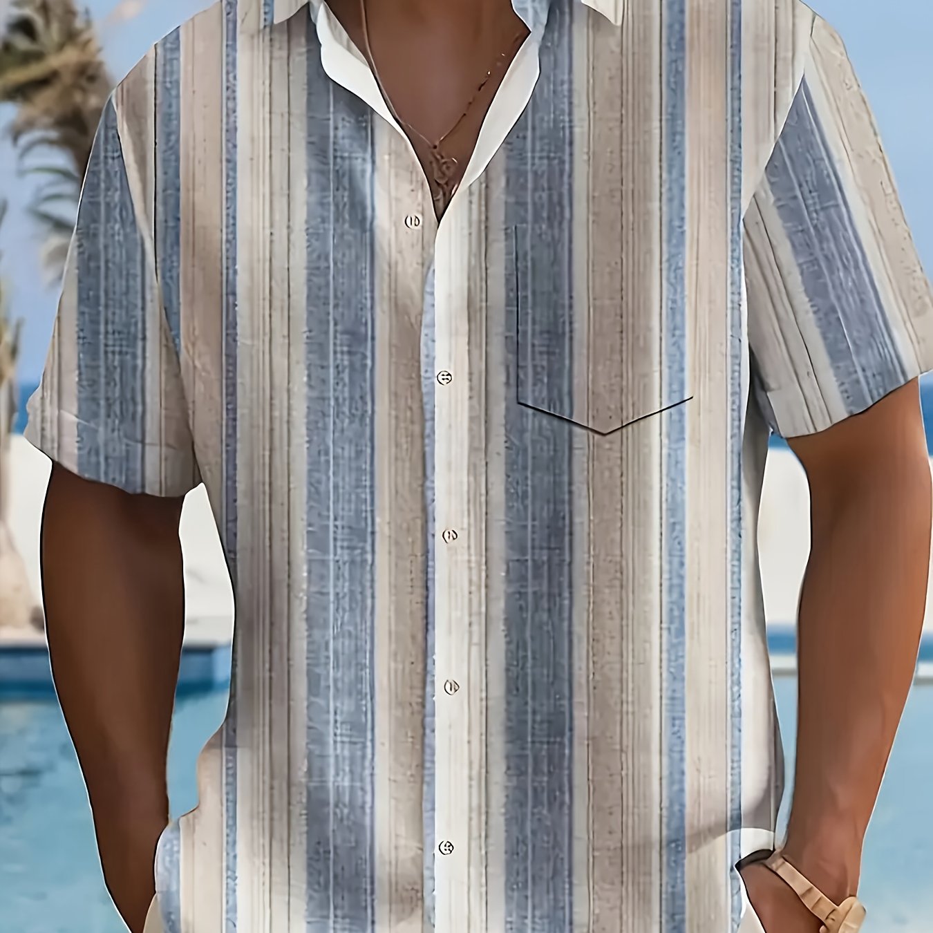 TEMU Men's Short Sleeve Casual Shirt With Stripes - Made From 100% Lightweight Polyester, Breathable Material, Features A Relaxed Fit With A Lapel