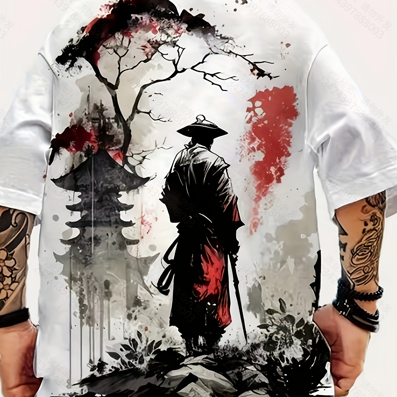 TEMU Japanese Warrior Pattern Men's Novelty Short Sleeve Crew Neck T-shirt, Summer Outdoor