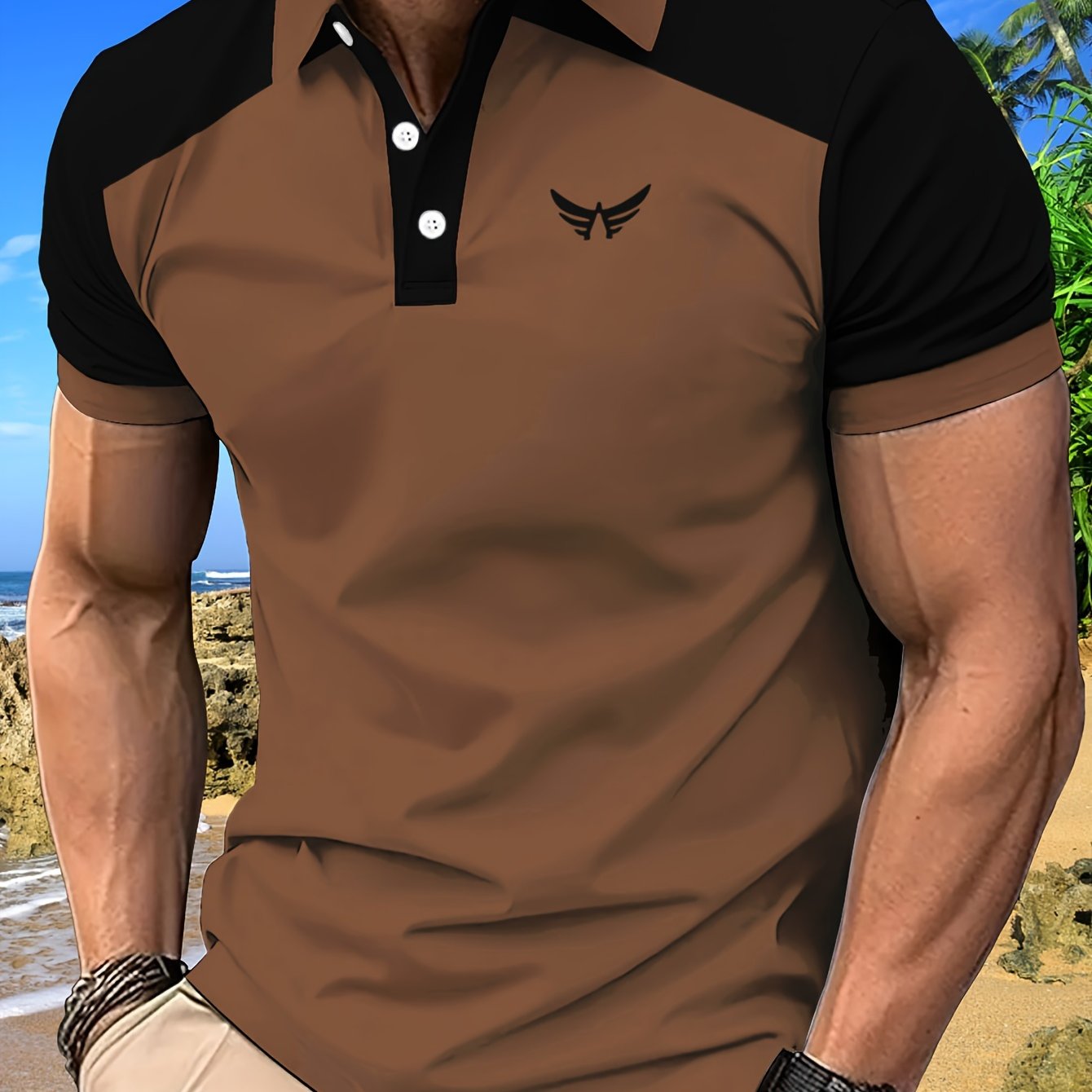 TEMU Men's Casual Color Shirt - Breathable Polyester, Short Sleeve, Summer Golf & Tennis Top With Button Detail