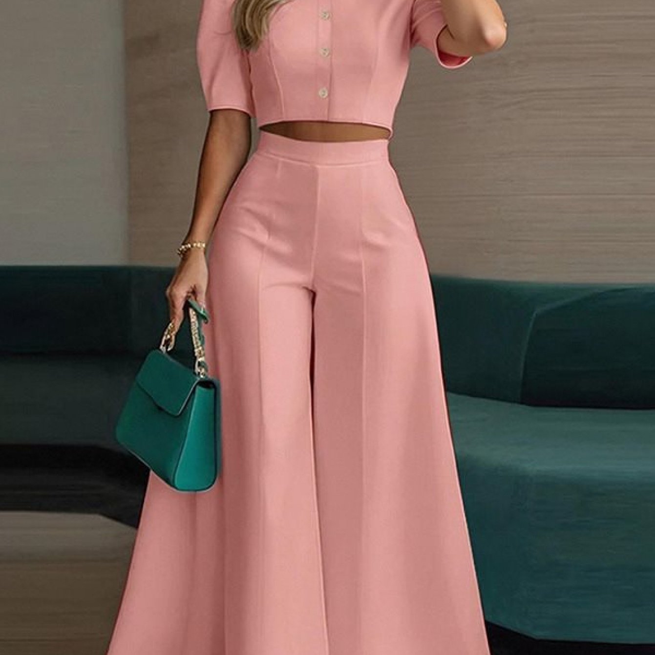 Women's Puff Sleeve Short Top And Wide-leg Pants 2pcs Set, High-waist Stylish Outfit