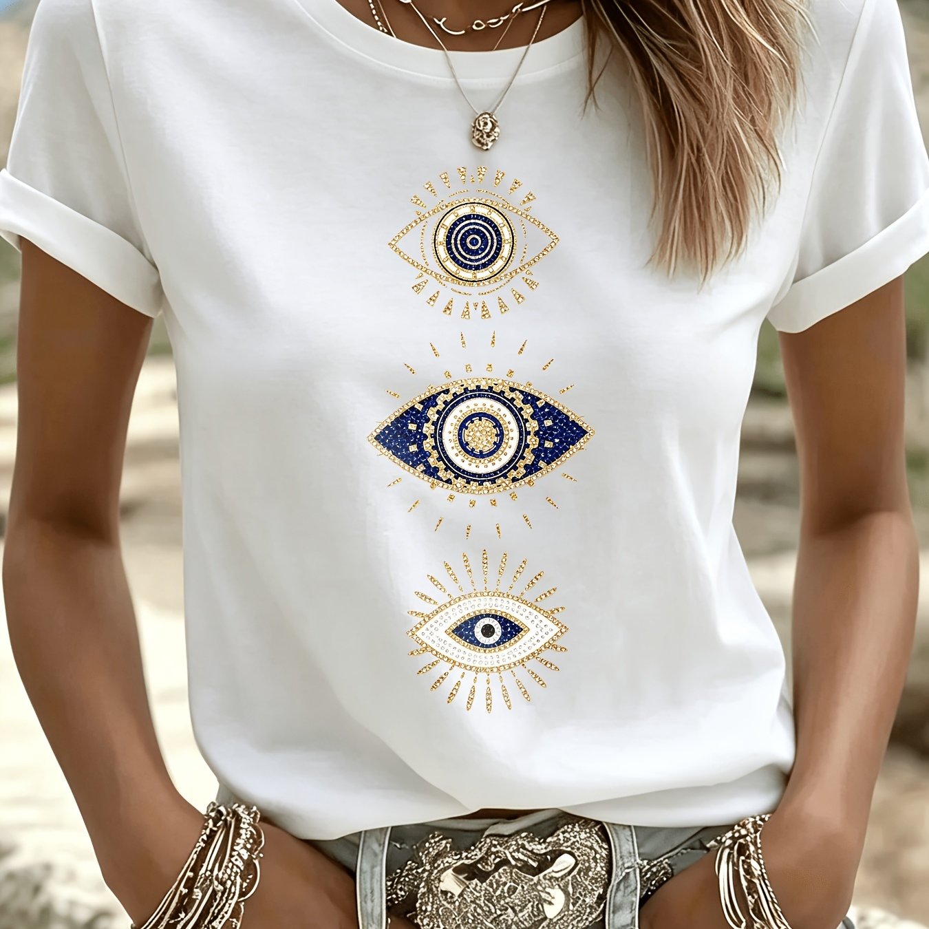 Image of Plus Size - Women's Boho Nazar Amulet T-shirt - Evil , Blue And Golden, Crewneck Short Sleeve Top, Machine Washable Casual Blouse For Casual Attire, Spiritual Gift & Bohemian Wardrobe Essential