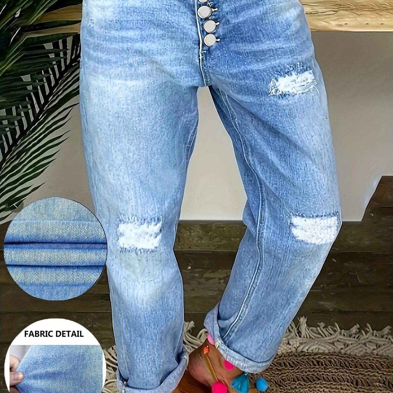 25aw Multi-button Women's Plus Size High-waist Stretch Denim Jeans, Distressed Jeans, Street Style
