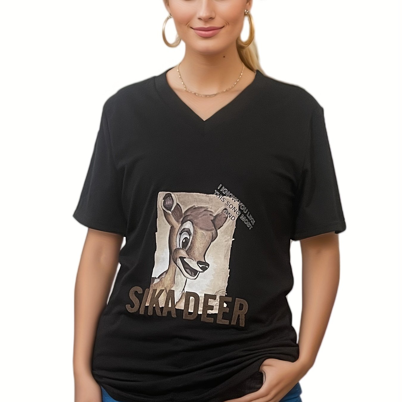 deer print v neck t shirt casual short sleeve top spring Temu Qatar