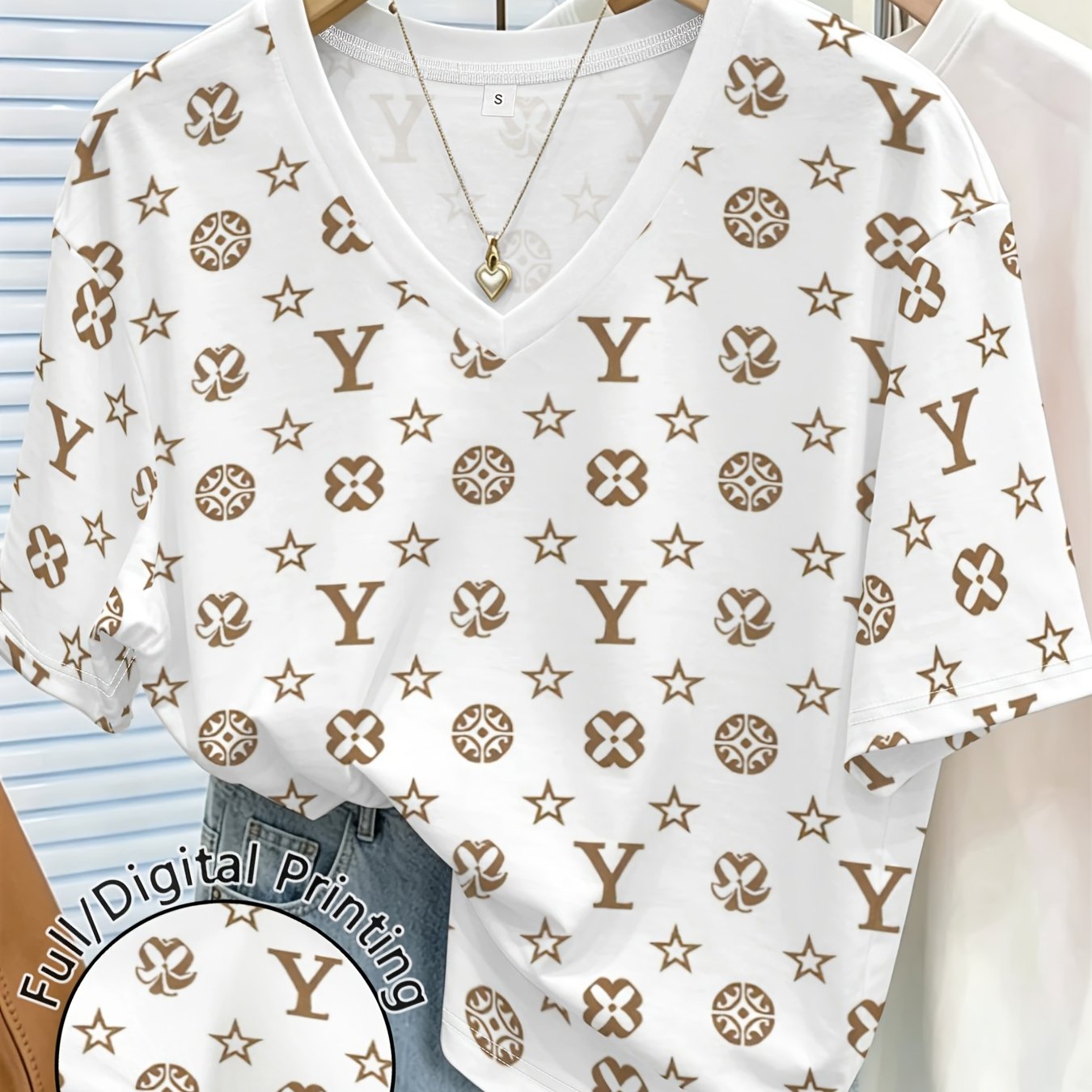 TEMU Fashionable Letter And Xingx Printed V-neck Short-sleeved T-shirt For Women; Summer New Arrival, Versatile Casual Top With A Sense ; Trendy,
