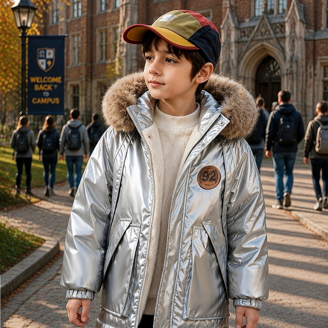 Image of Boys Winter Jacket - Fashion Zipper Access Jacket, 92 Logo Sequin Long Sleeve Jacket, Sizes 7-14 Suitable For Middle And Big Boys , Polyester Material, Boys Winter Cold Protection Warm Snowsuit Jacket