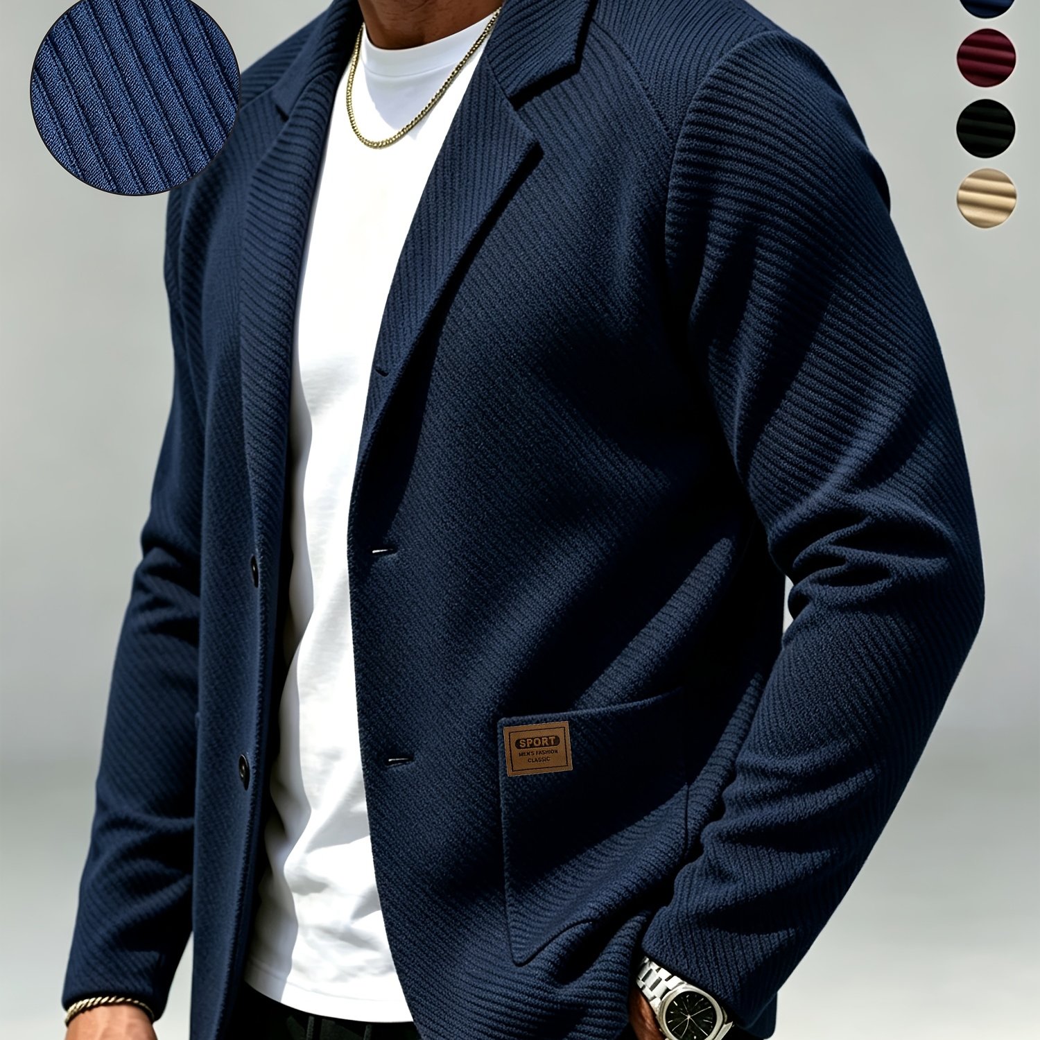 TEMU Men's Autumn Winter Casual Blazer-style Cardigan, Knit Checkered Texture Jacket, Single-button Design, Solid Color Easy Trendy Fashion, Suitable