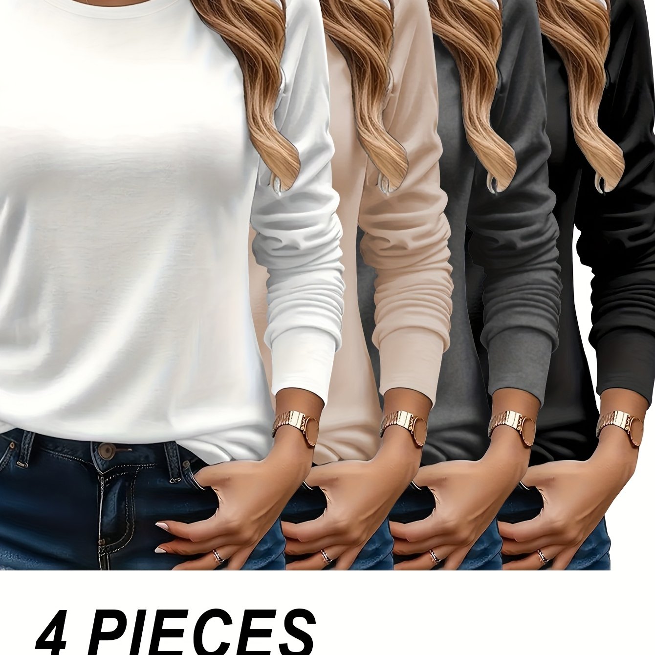 E-shop 4er-Set Damen Herbst Winter Freizeit Rundhals Langarm T-Shirts, Rundhals Langarm Einfarbige Basis Shirts
