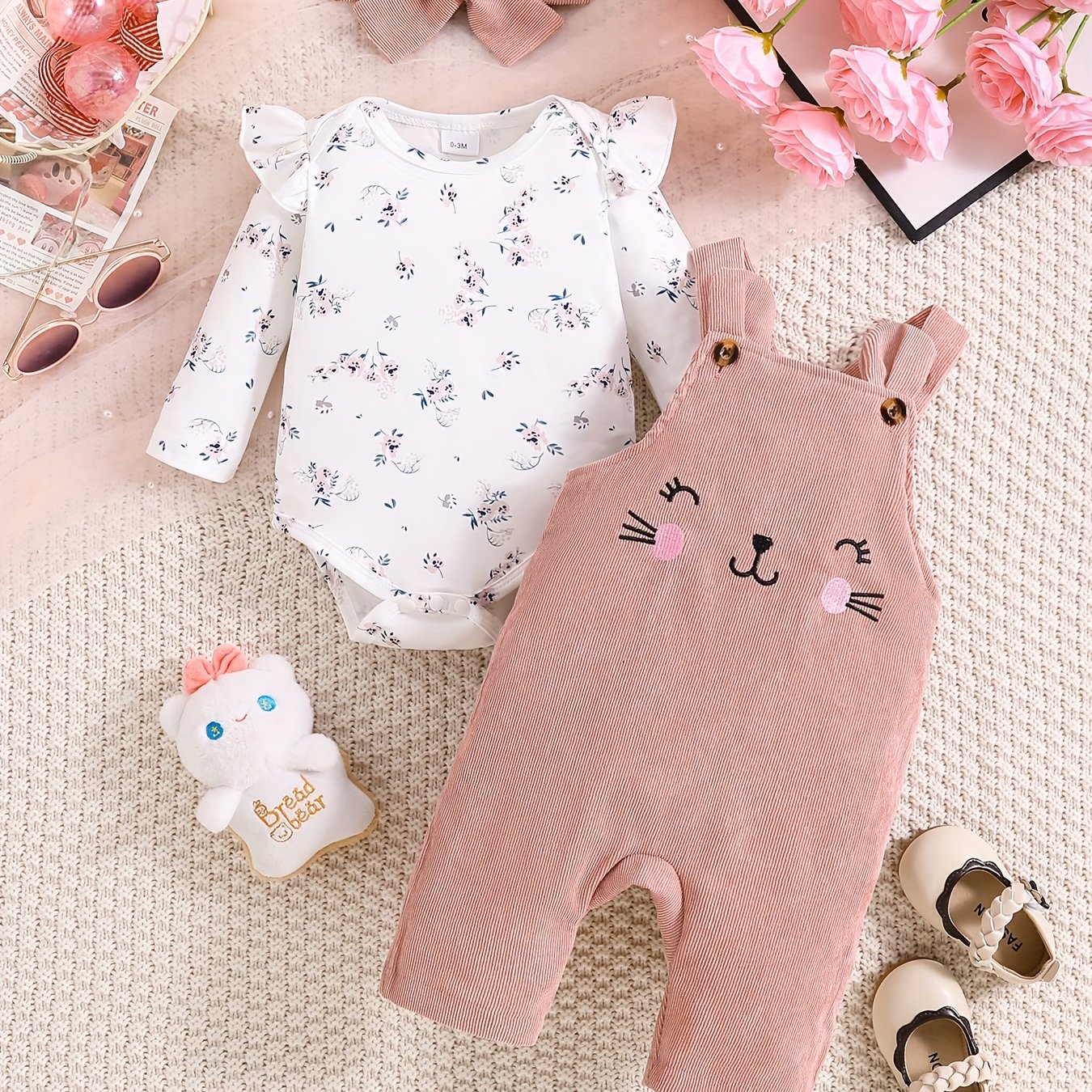 Image of Long-sleeve Floral Print Romper + Cute Plush Animal Overalls With Suspenders + Headscarf 3pcs Set, Perfect For Outdoor