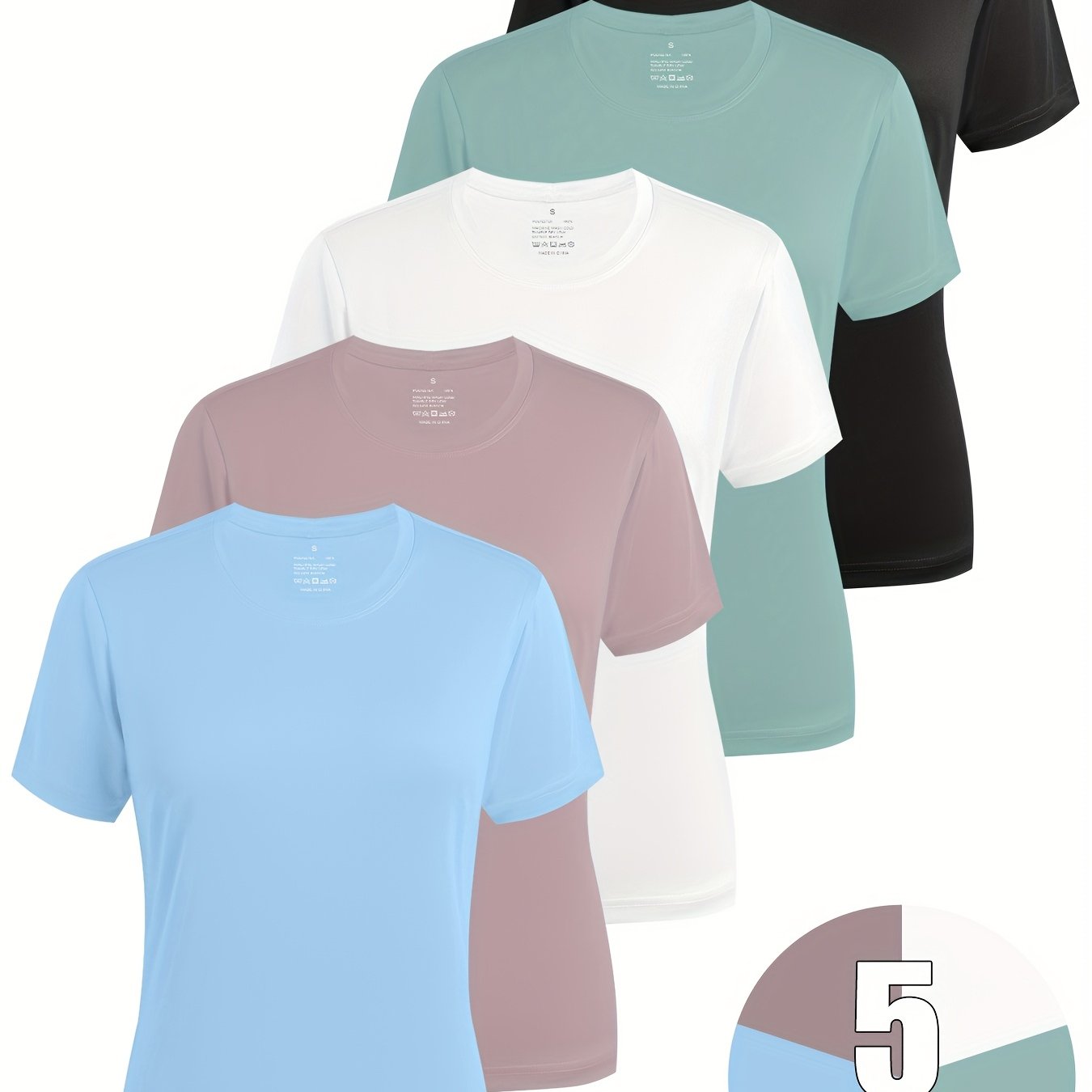 Telaleo 5pcs Summer Women's Casual Sports T-shirts, Breathable And Sweat-absorbent, Solid Colour Combinations, Suitable For Daily Wear, Workout And Sports