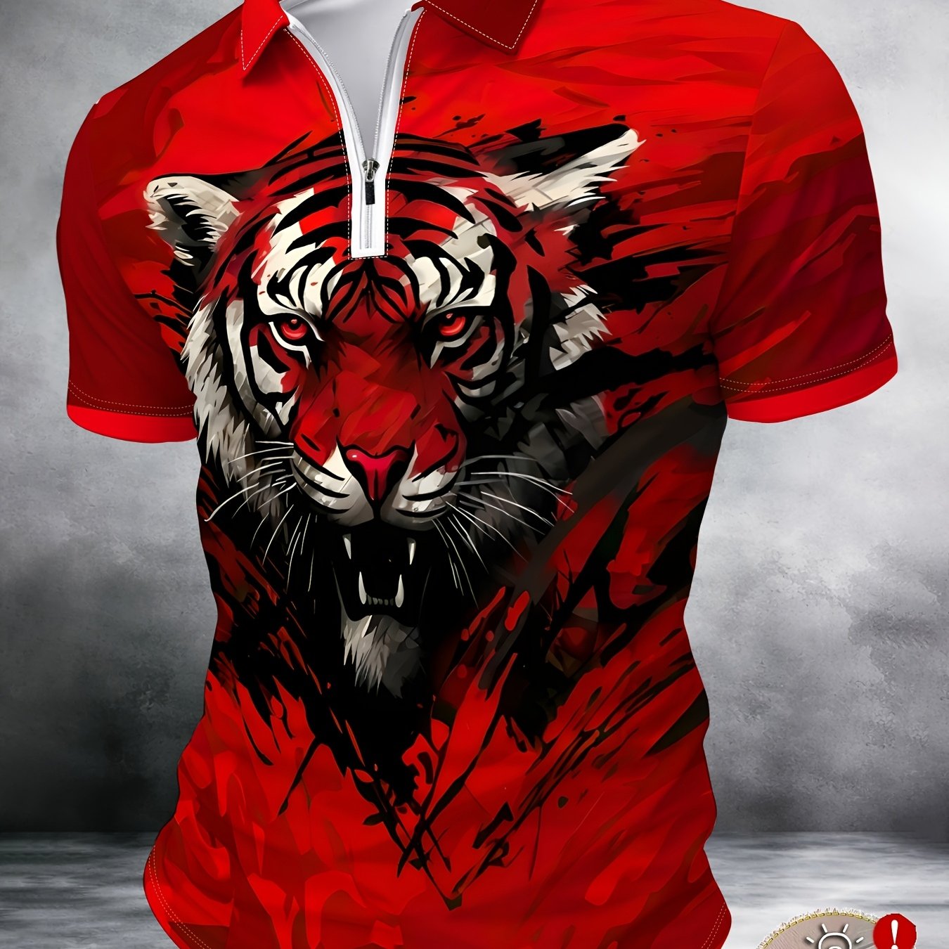 TEMU Men's Summer Short-sleeve Shirt With Half-zip, Fashionable Tiger Print, Casual Sports Top, Trendy Versatile Breathable Base Shirt