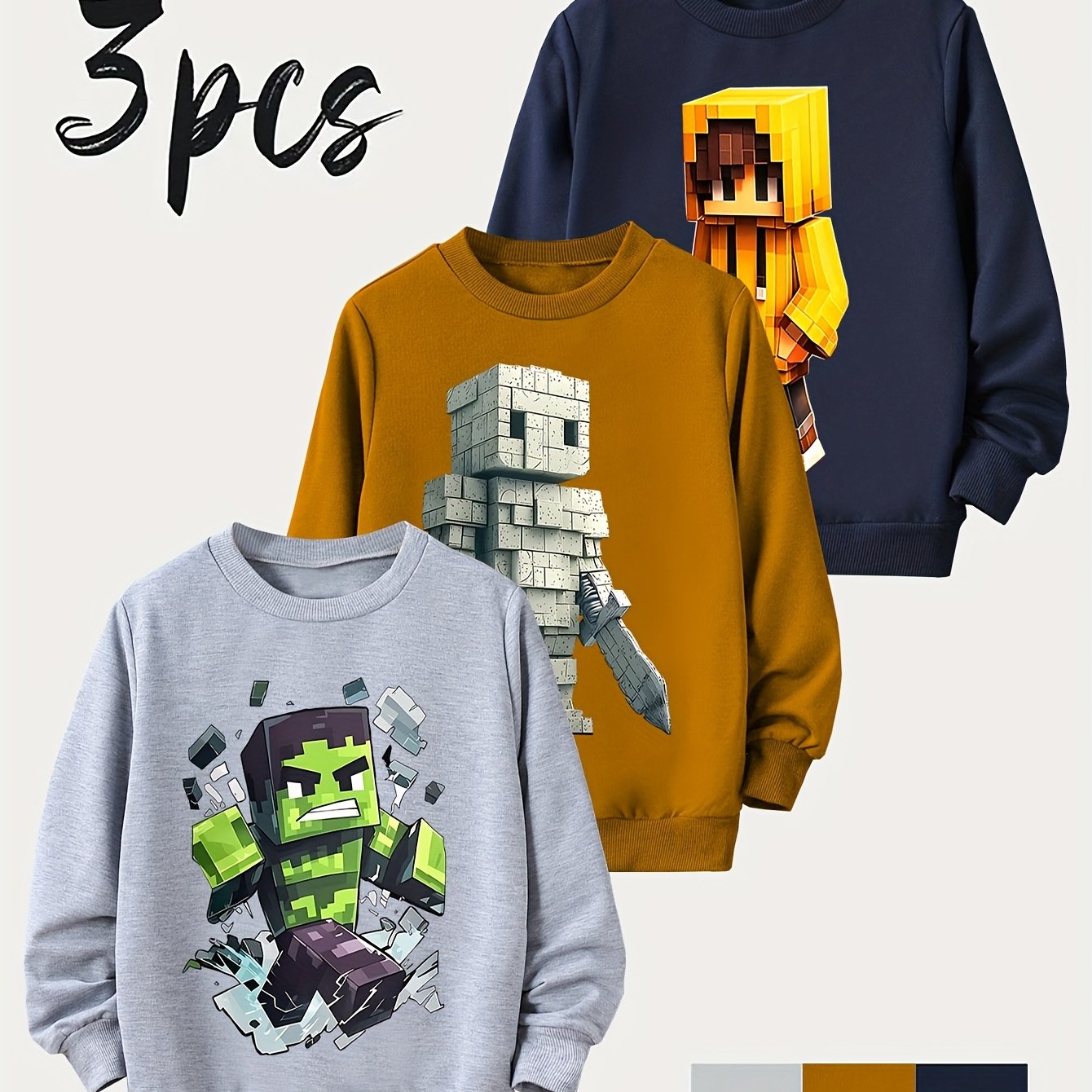 E-shop 3-teiliges Sweatshirt-Set für Jungen, Langarm, Rundhals, für Frühling/Herbst, mit „Grüner Block für Mann, für Mann, Gelber Block für Mann mit
