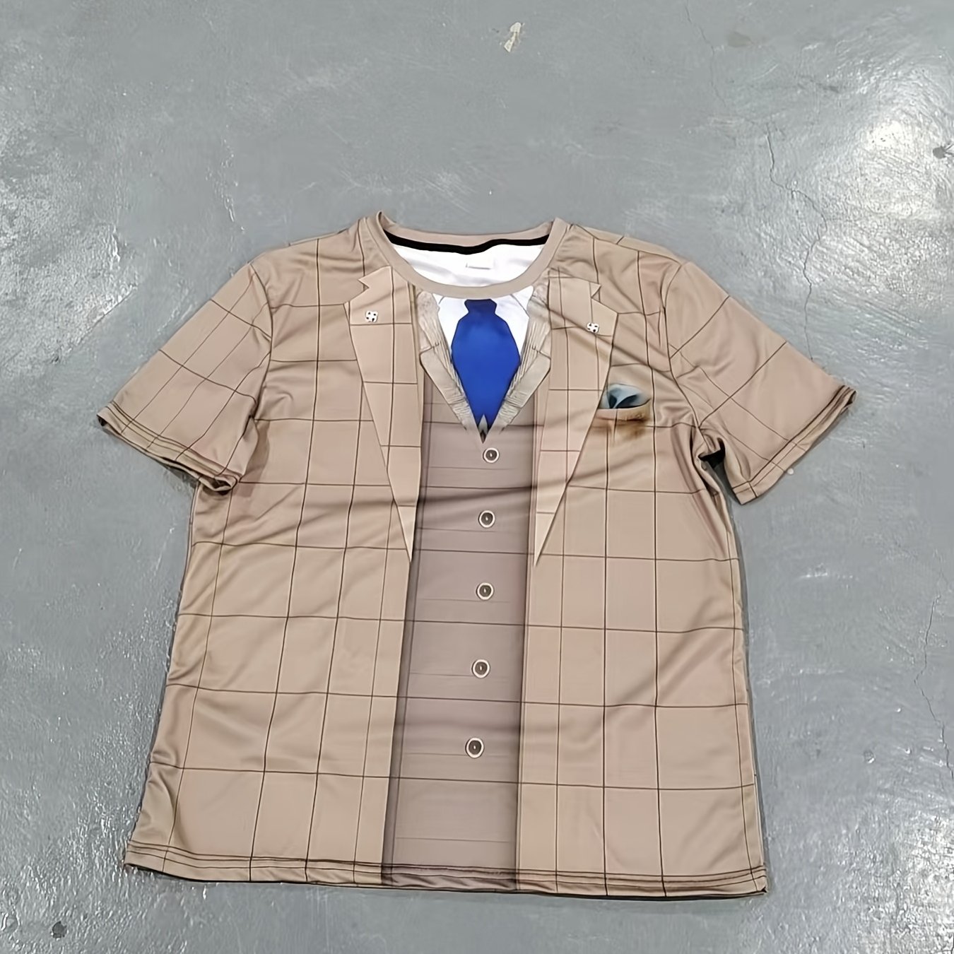 TEMU 's Khaki Realistic 2-in-1 Look Suit And Tie Pattern Print T-shirt, Suit Vest 2-in-1 Look Print Business Crew Neck Top, Trendy Commuting Wear