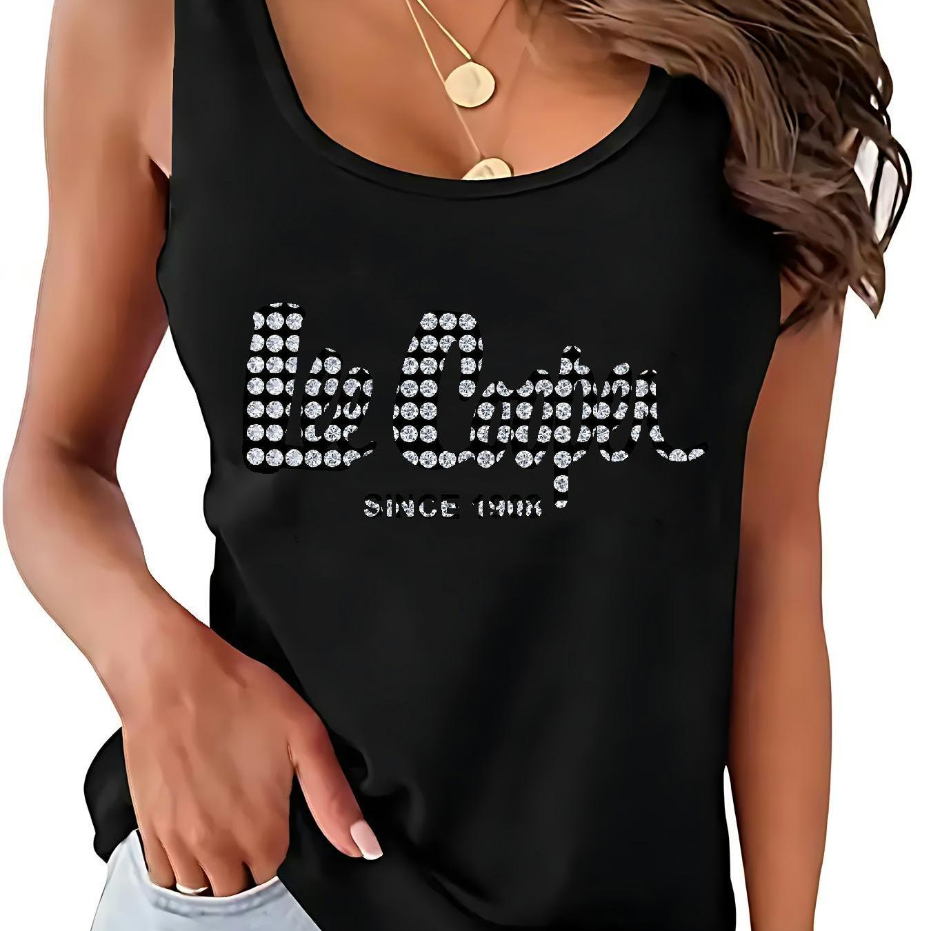 TEMU Débardeur Femme Manches - Haut Léger d'Été à Col Rond avec Impression 2D Plate (Logo/), Blouse Manches pour , Tenue Décontractée, Plage & Bureau
