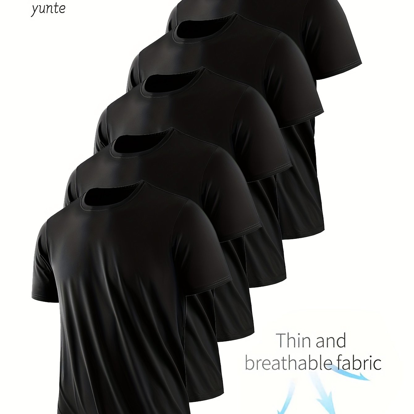 Image of 5pcs Yunte Men'-light Black Round Neck T-shirts - Quick-dry, Breathable, Sweat-wicking Fabric, Ideal For Gym & Running, Short Sleeve, Polyester, Gym Shirts