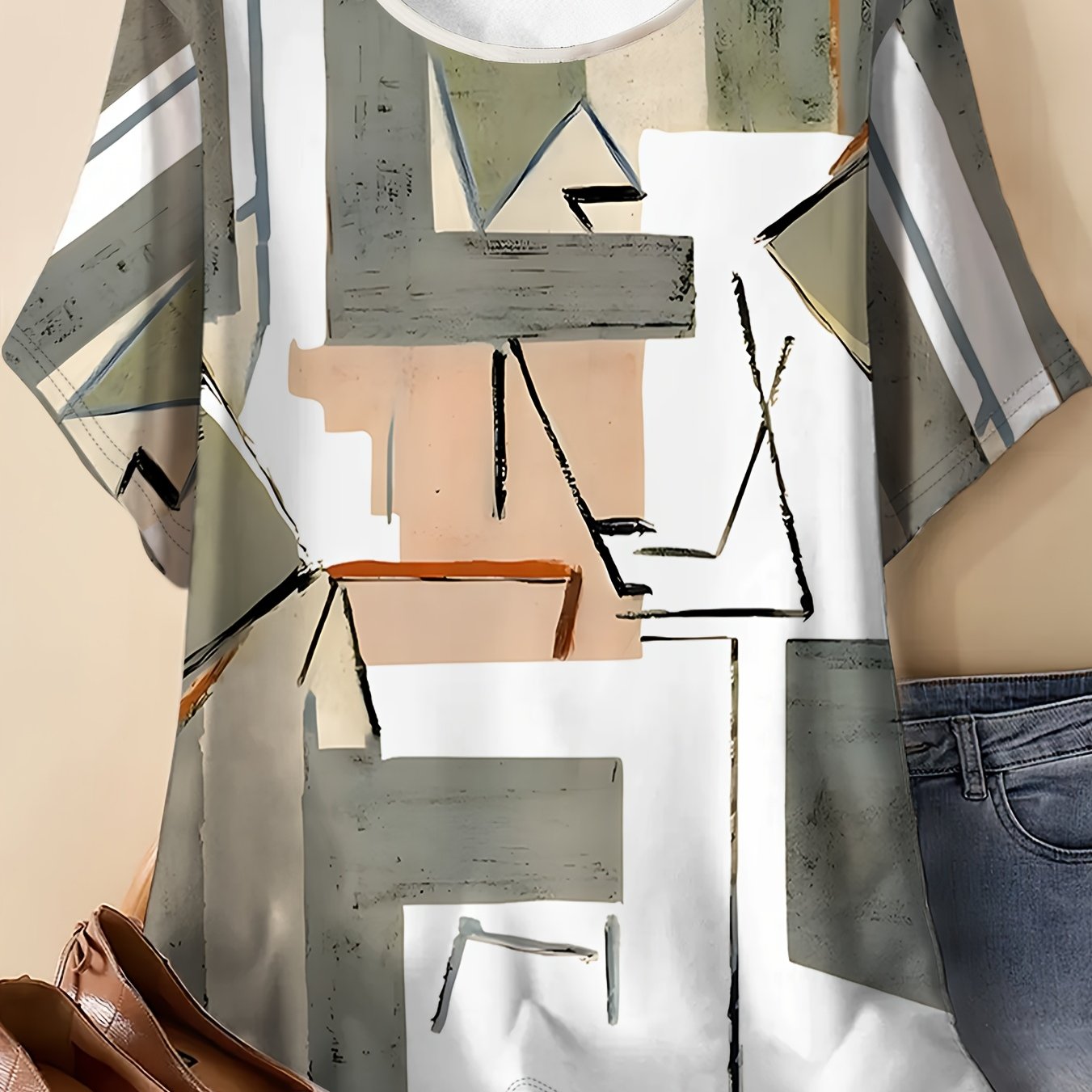 TEMU Relaxed Unisex Style Abstract Geometric Short-sleeve T-shirt, Loose Fit That Hides , Versatile For Casual Attire And
