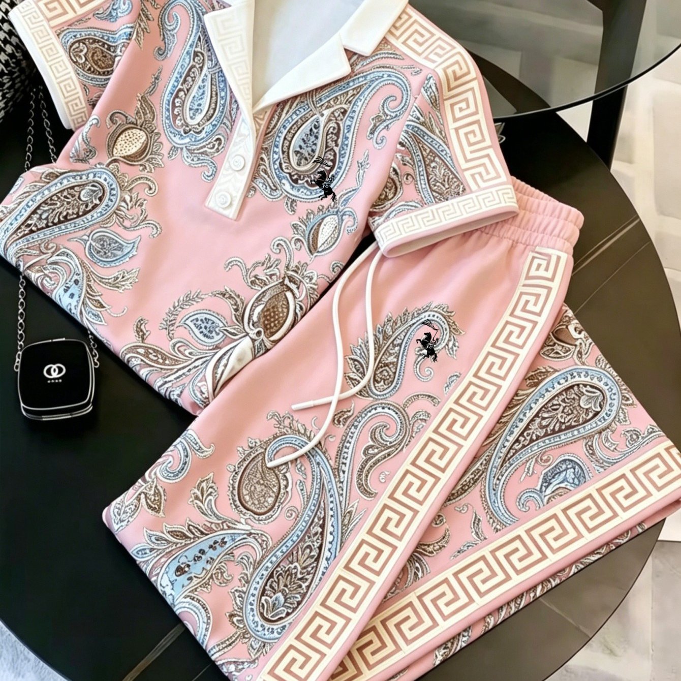 Image of Summer Unisex Printed Short Sleeve And Long Pants Set- Retro Hip Hop Style, Soft And Breathable, 100% Polyester Fibers, Vibrant Print Design, Stylish Shirt And Shorts