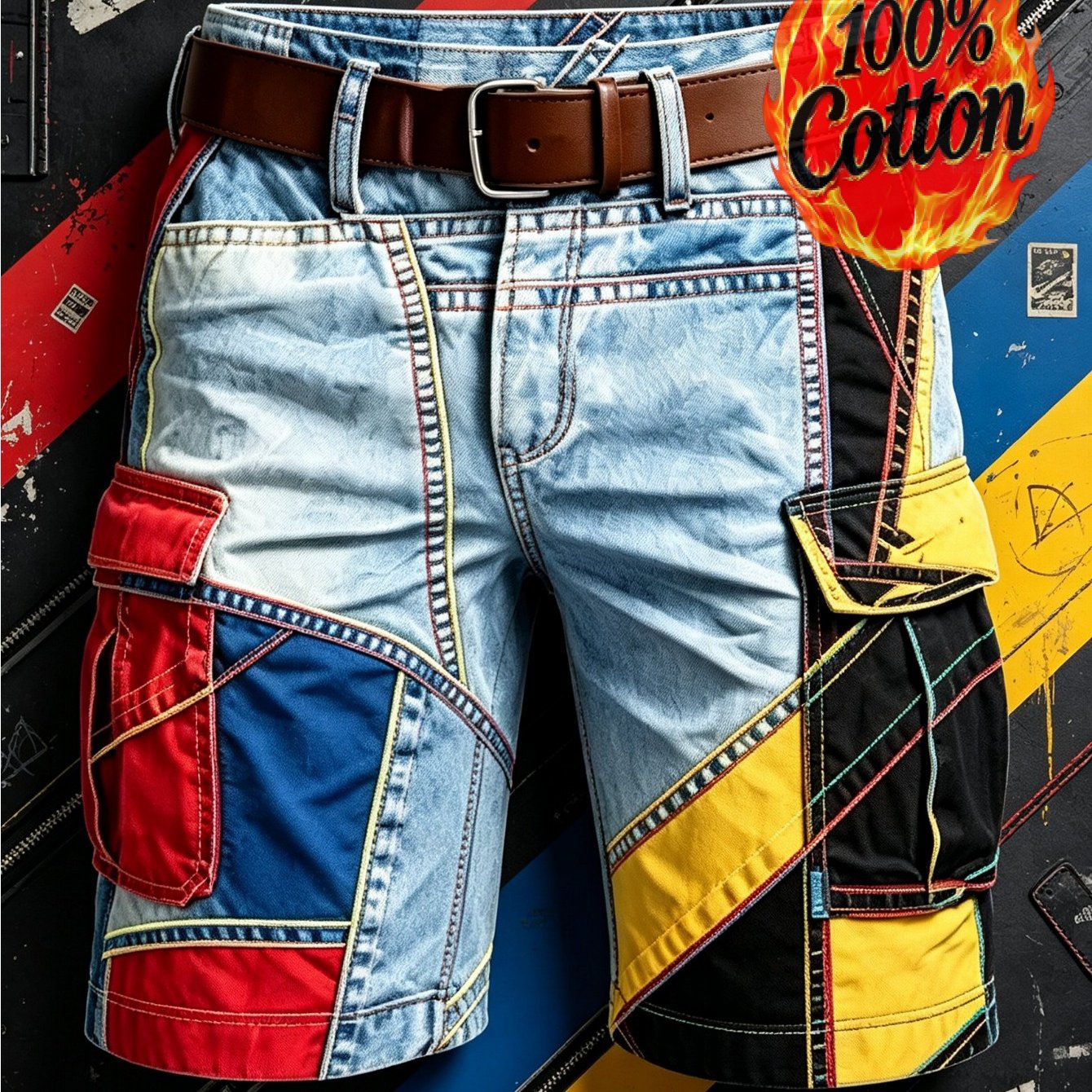 Image of 1pc Men Color Block Denim Cargo Shorts, Contrast Stitching Multi Pocket Casual Work Shorts, With Free Belt, Loose Fit Short Pants For Summer Street Outdoor Daily Vacation Outfits