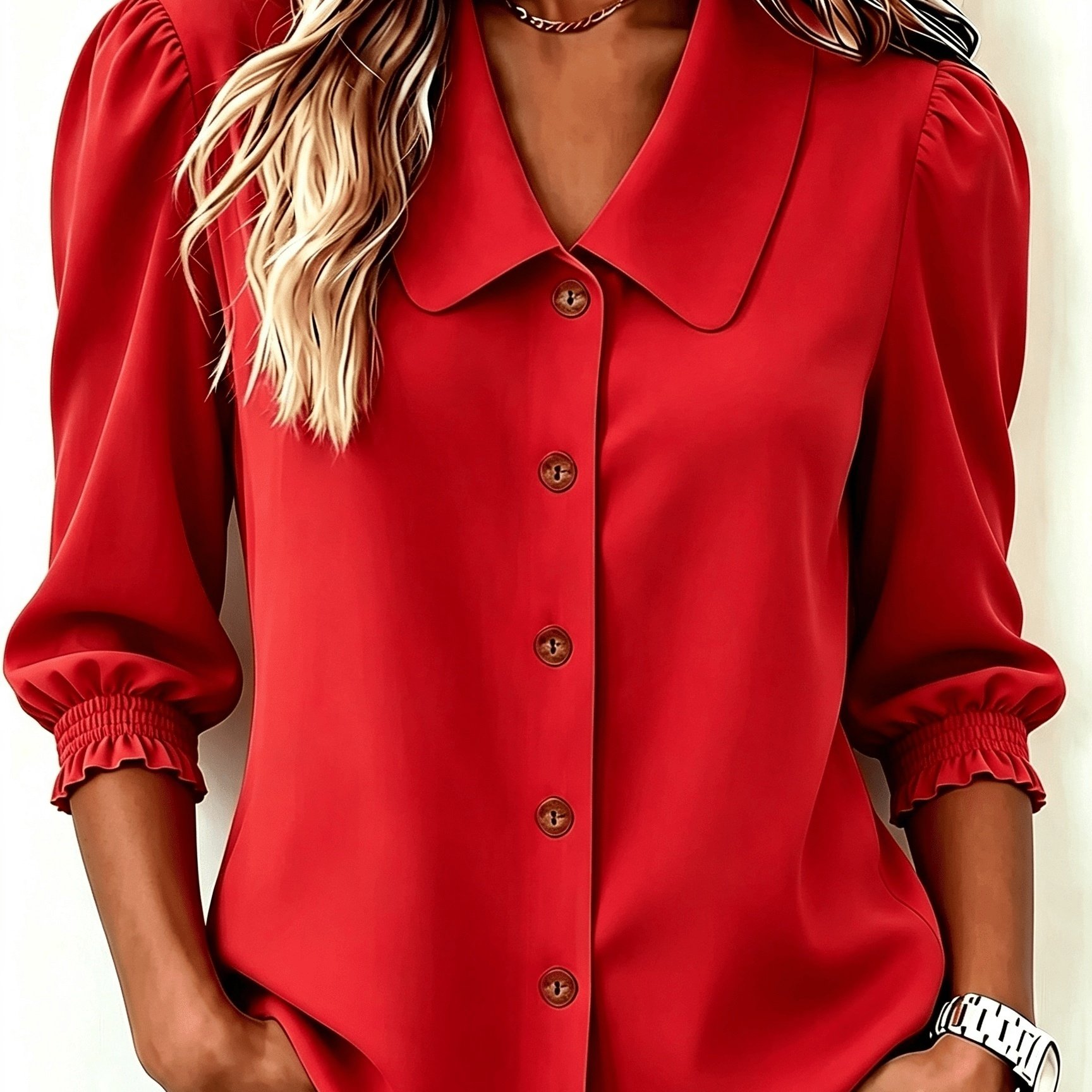 TEMU Women'-quarter Sleeve Shirt With Elastic Ruffle Puff Sleeves, Commuter Top