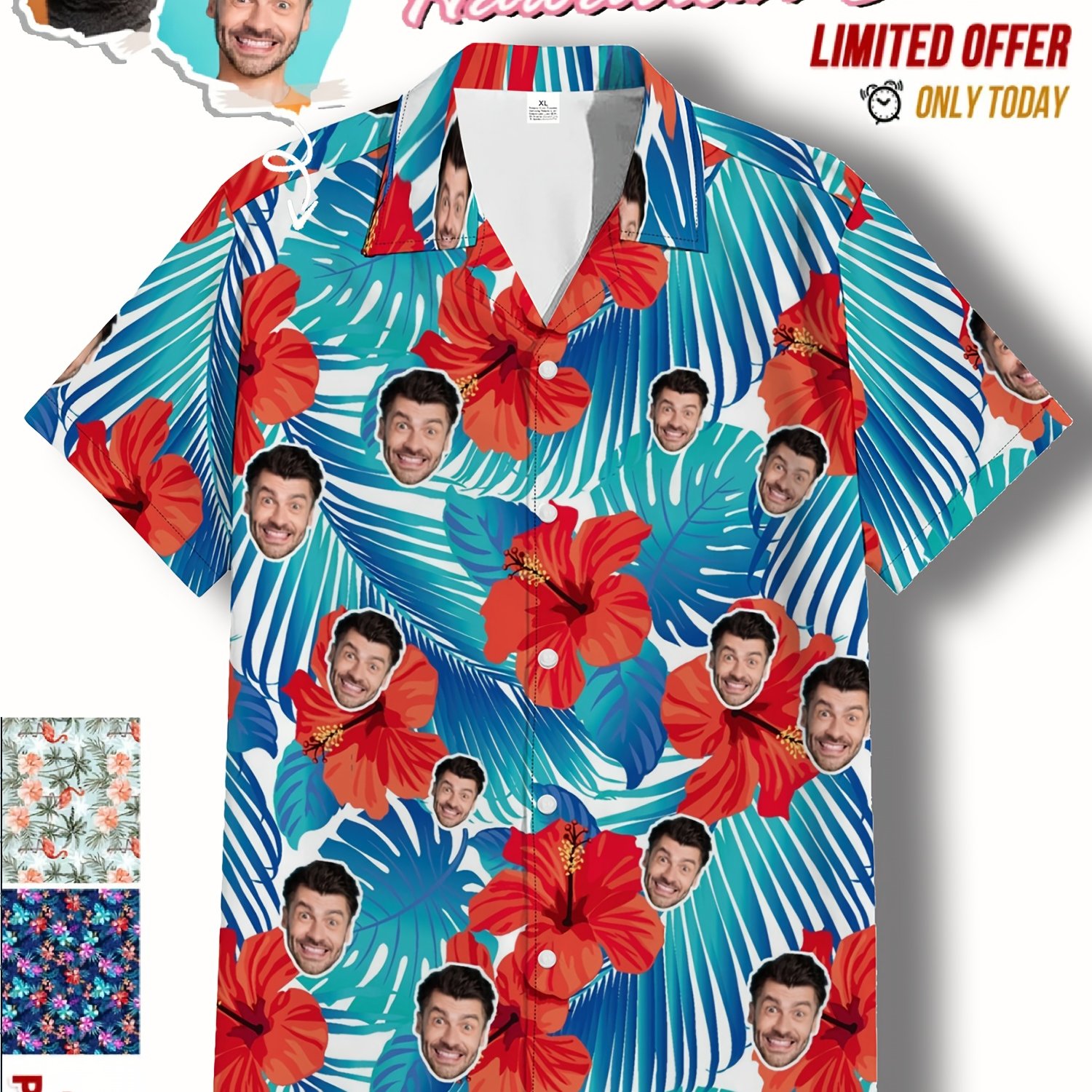TEMU Customizable Hawaiian Shirt For Men - Personalized Photo Print, Vibrant With Floral & Starfish Patterns, Short Sleeve, Button-up, Lightweight