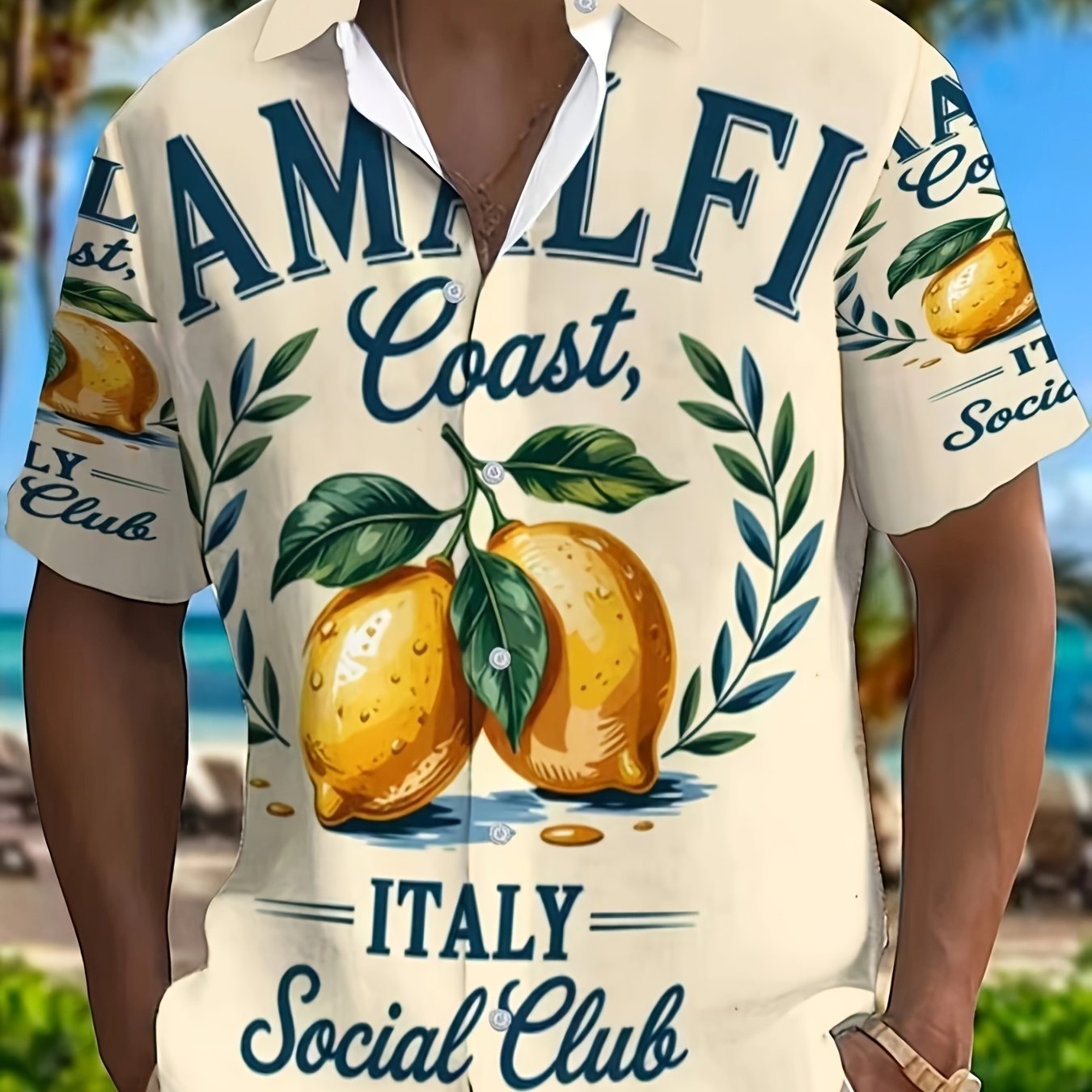TEMU Men's Short-sleeve Button- Shirt, Polyester Fabric, Mixed Colors, Multiple Sizes , With Pattern, Printed With "amalfi ," "italy," And "," Light