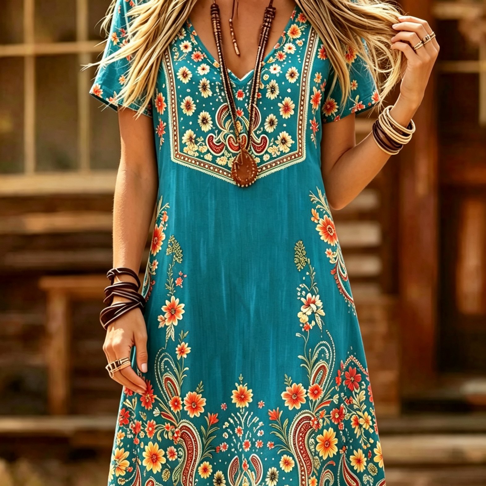 TEMU Women's Summer New Short Sleeve Dress, Retro Bohemian Ethnic Style V-neck Short Sleeve Dress, Mid-length A-line Dress, Elastic And Machine