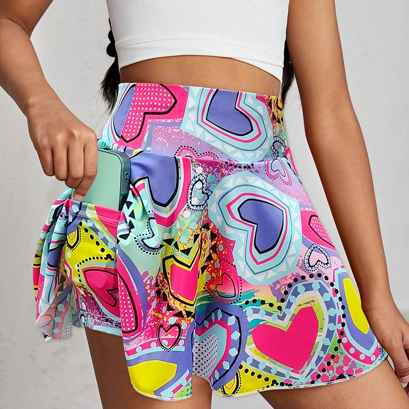 Image of Girls' Size 130-170 Spring Summer Casual Cartoon Heart Print High-waist Inner Skirt With Phone Pocket