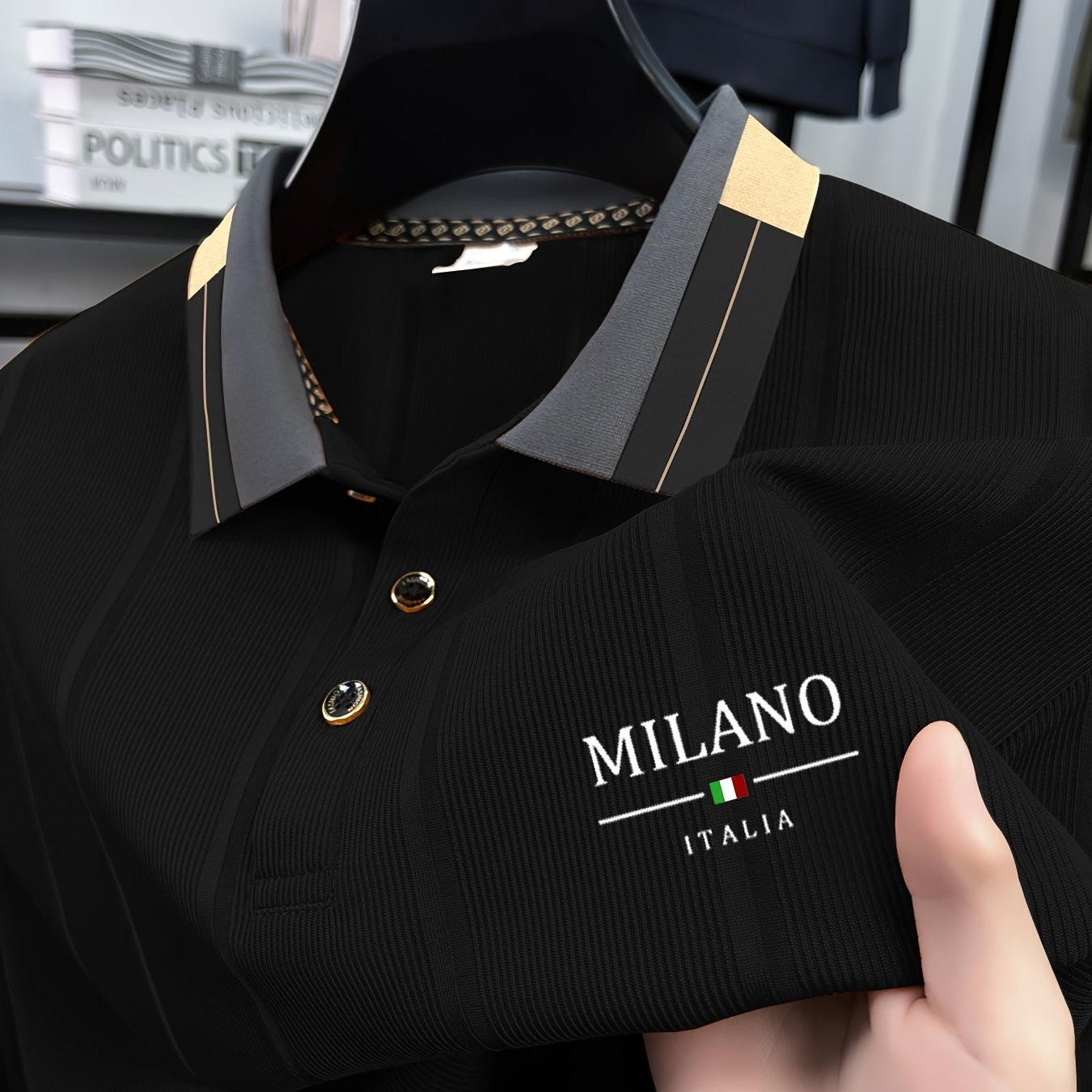 TEMU [qiaoximei Obm] Men's Fashion Jacquard Casual Knit Shirt, Chic Color-block Short-sleeved Lapel Shirt, Suitable For Outdoor Activities Such As