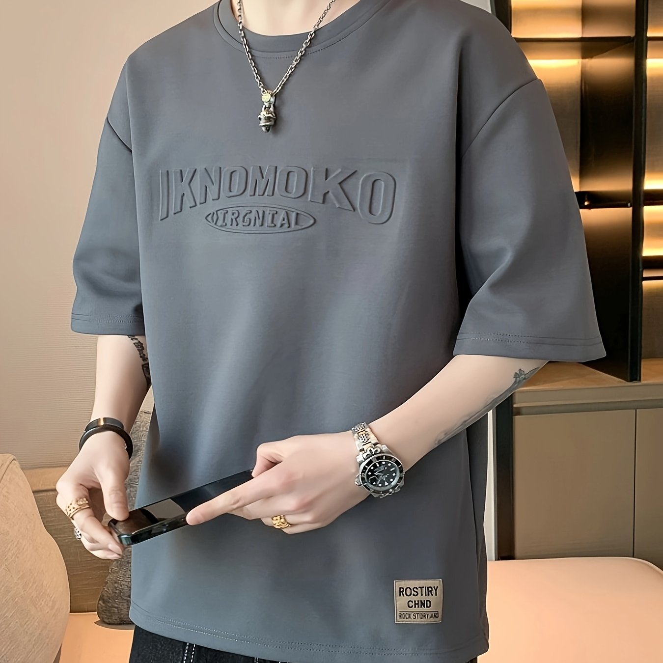 TEMU New Summer Men's Loose Casual T-shirt With Stamped Letters, Versatile For Everyday Wear, Made From Slightly Stretchy Fabric, Featuring A Letter