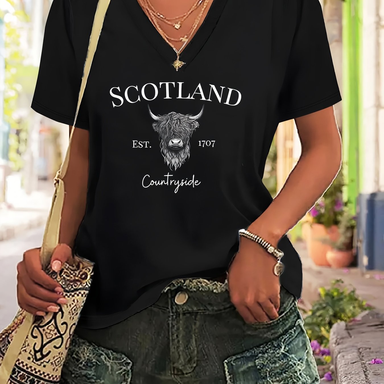 TEMU Plus Size, Plus Size Letter Print T-shirt, Short Sleeve V Neck Casual Top For Summer & Spring, Women's Plus Size Clothing