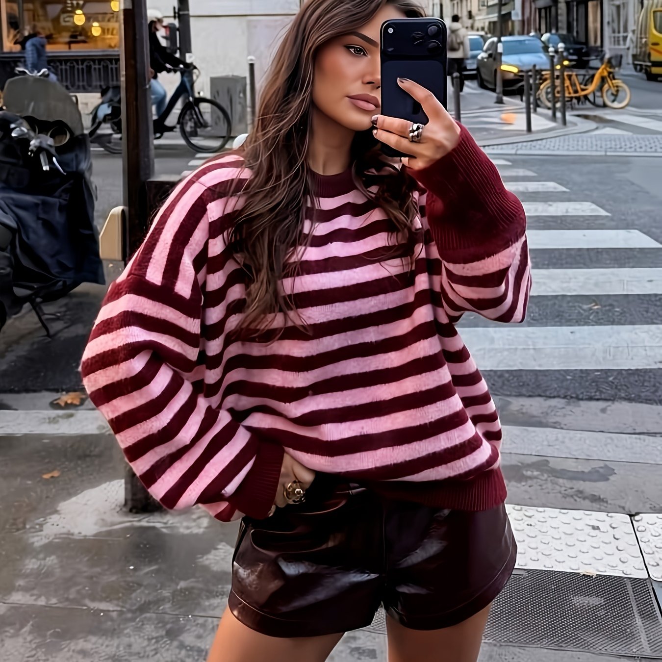 TEMU Women's Cropped Sweater With & Color-block Round Neck - Loose Fit Shoulder Sweater Suitable For Layering, Ribbed Hem & Cuffs, Medium Stretch