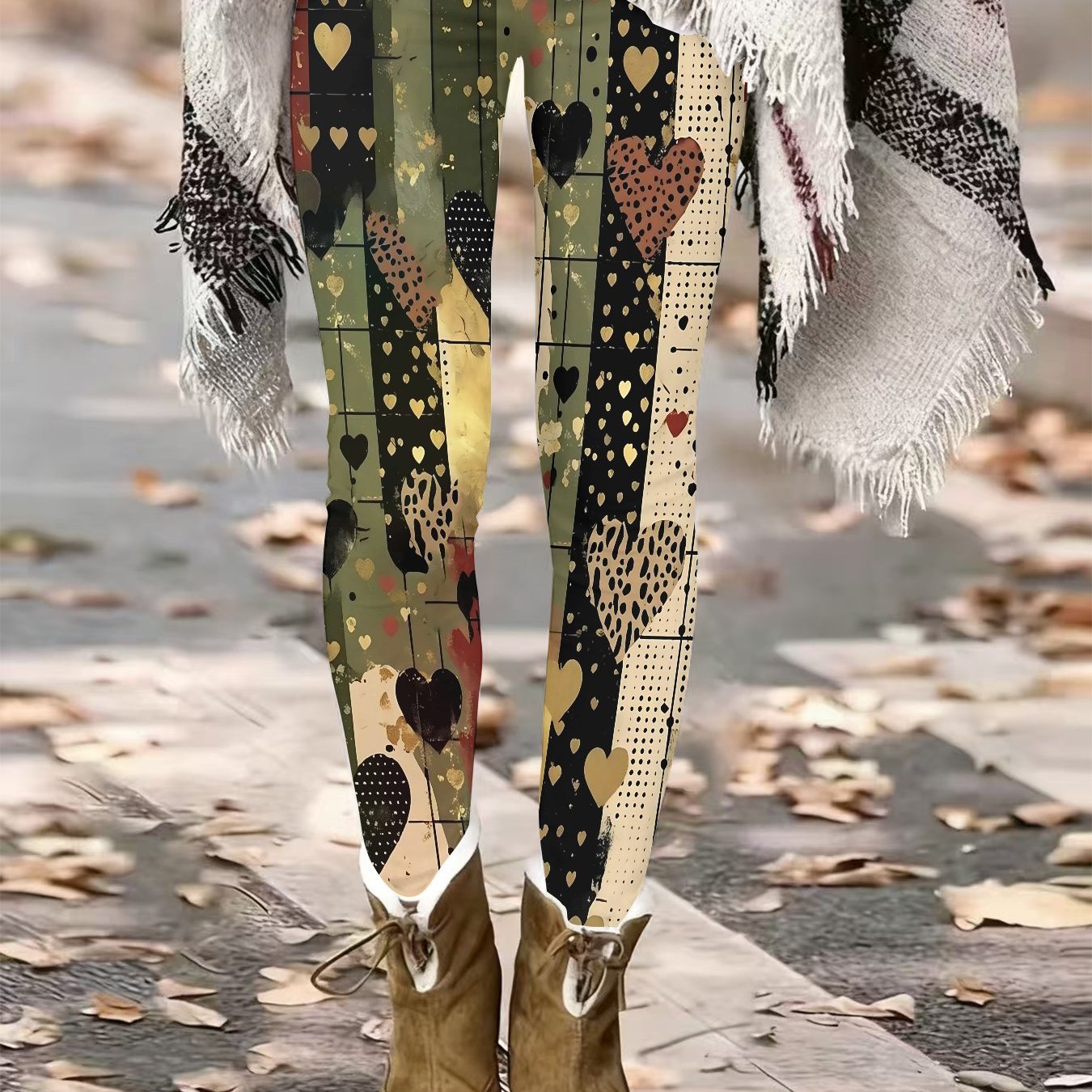 TEMU Casual Vintage Style Leggings With Retro Plaid, Heart, And Leopard Print. Stretchy And Slim-fit Design Suitable For Occasions