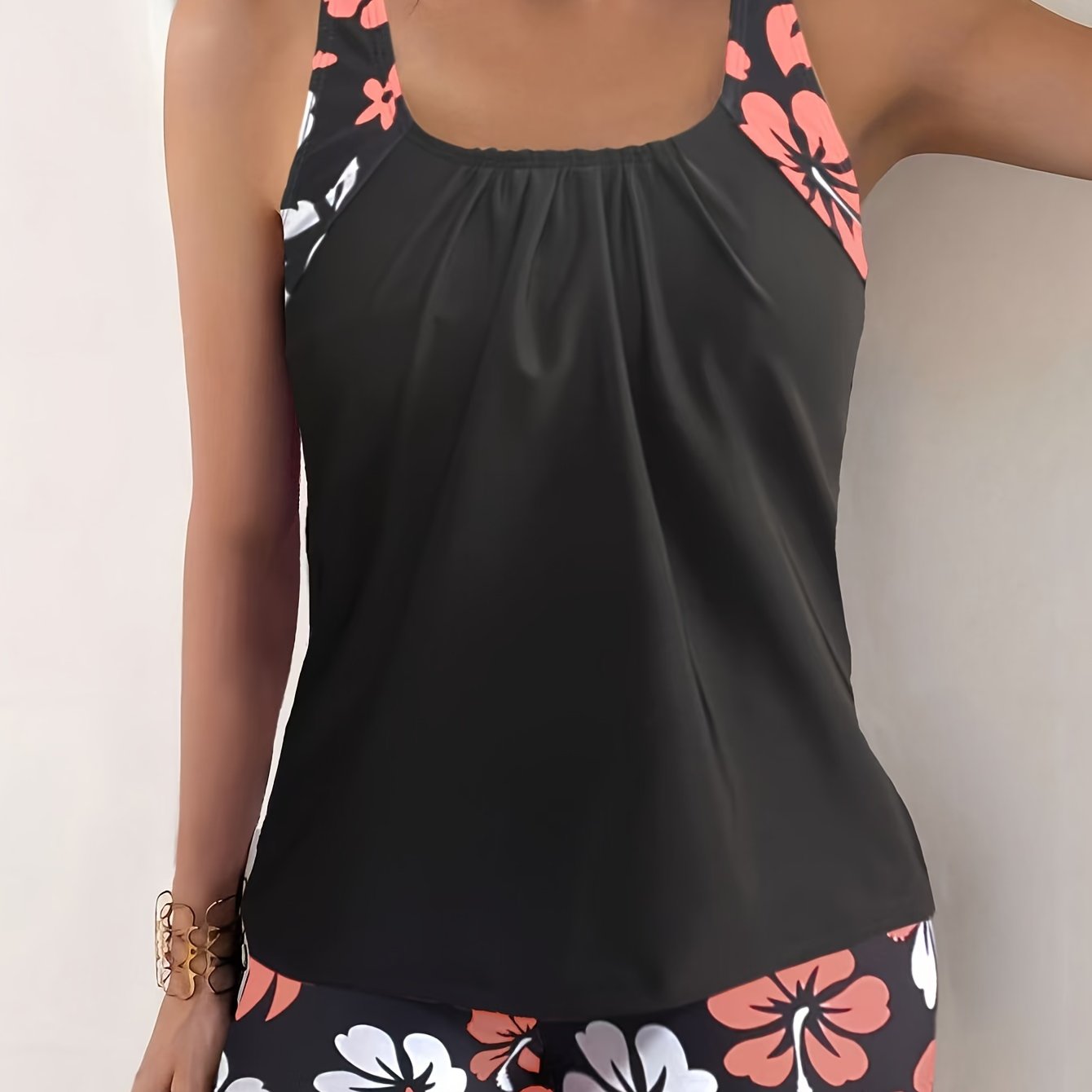 2pcs Floral Print Camisole Tankini And Boxer Shorts Swimsuit Set