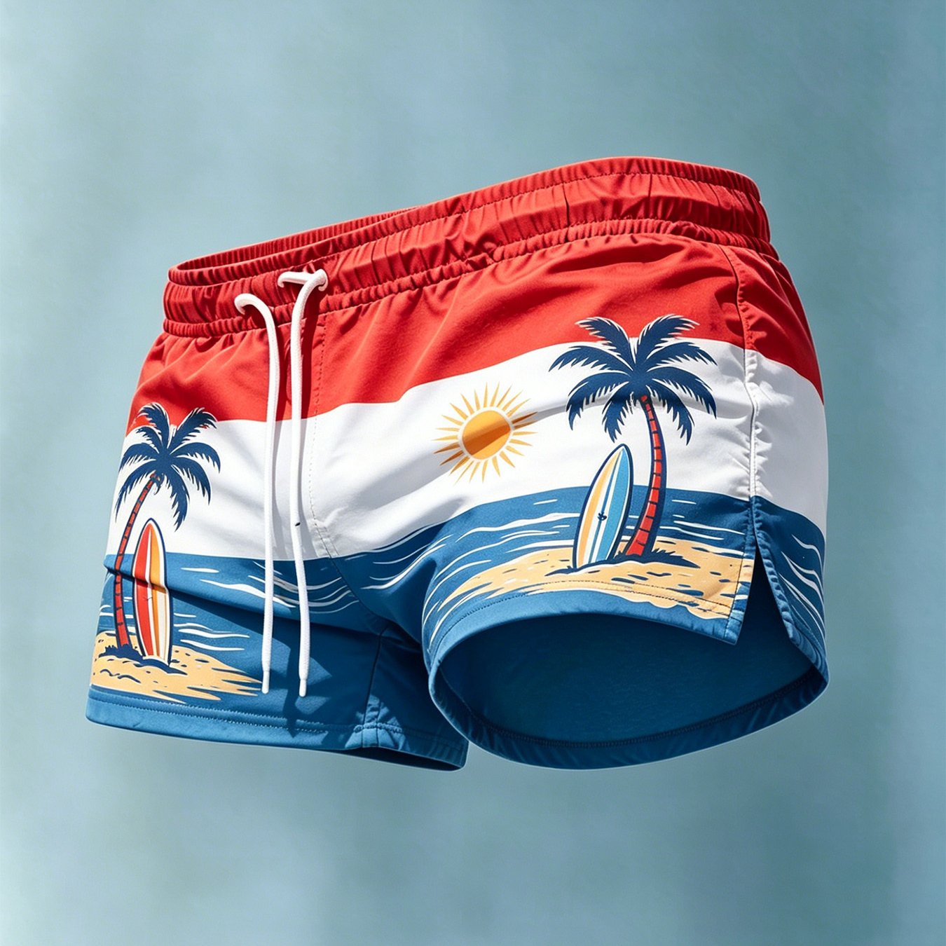 Image of New Arrival Men's Swim Trunks Comfortable Breathable Red White And Blue Color Block Tree And Surfboard Print Swim Shorts Ideal For Vacation And Travel Perfect Gift For Men