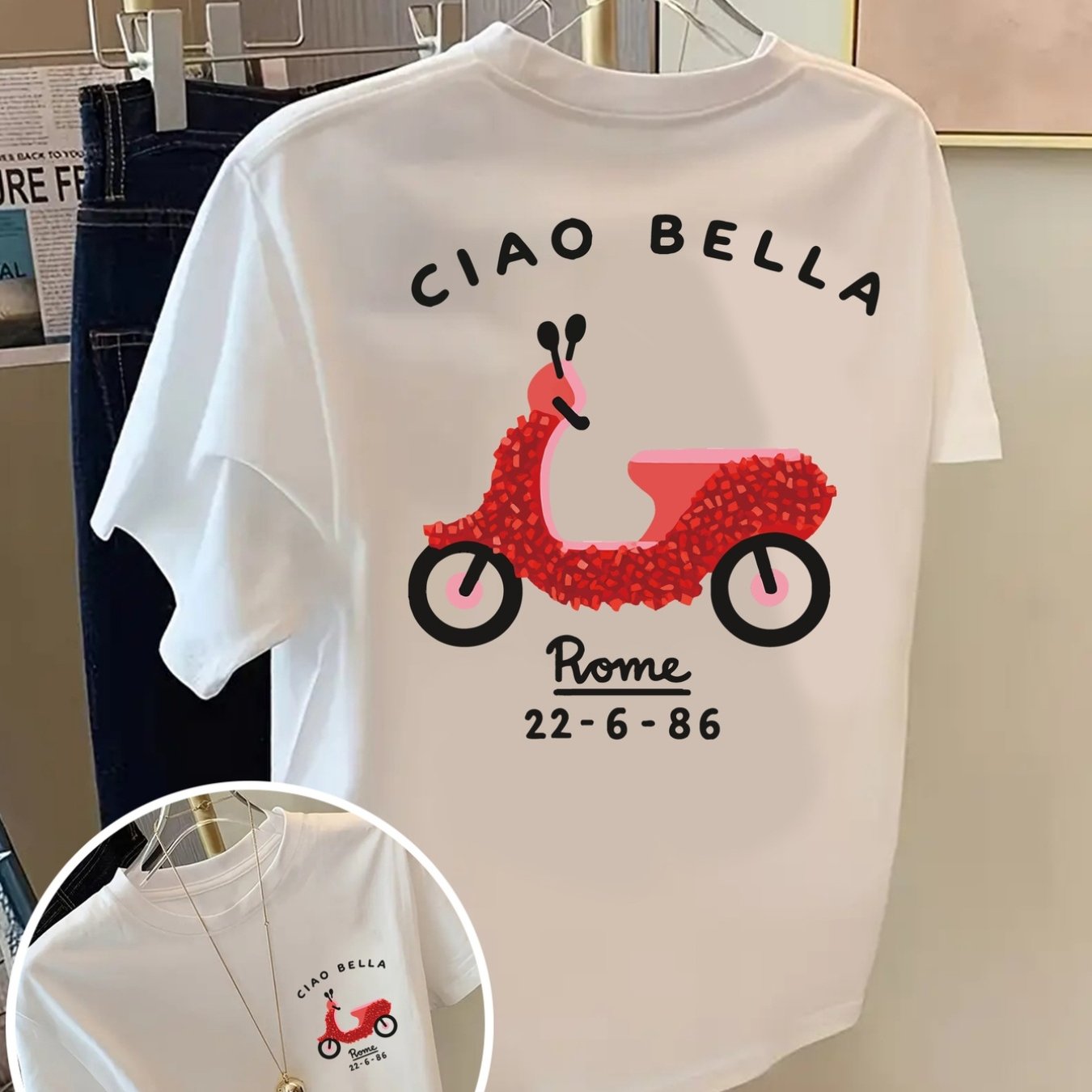 E-shop Schönes T-Shirt mit Rom-Print, kurzärmelig, Rundhalsausschnitt, lässiges Oberteil für Sommer und Frühling, Damenbekleidung