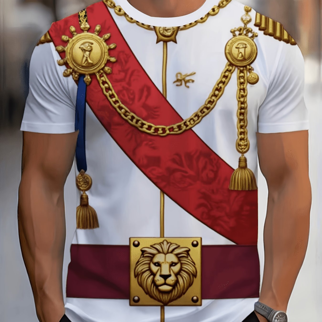 TEMU Men's Royal Ceremony Printed T-shirt - Featuring A Royal Red Sash With Golden Medals, A Lion Sash, And Ornate Chains, A Casual Short-sleeve