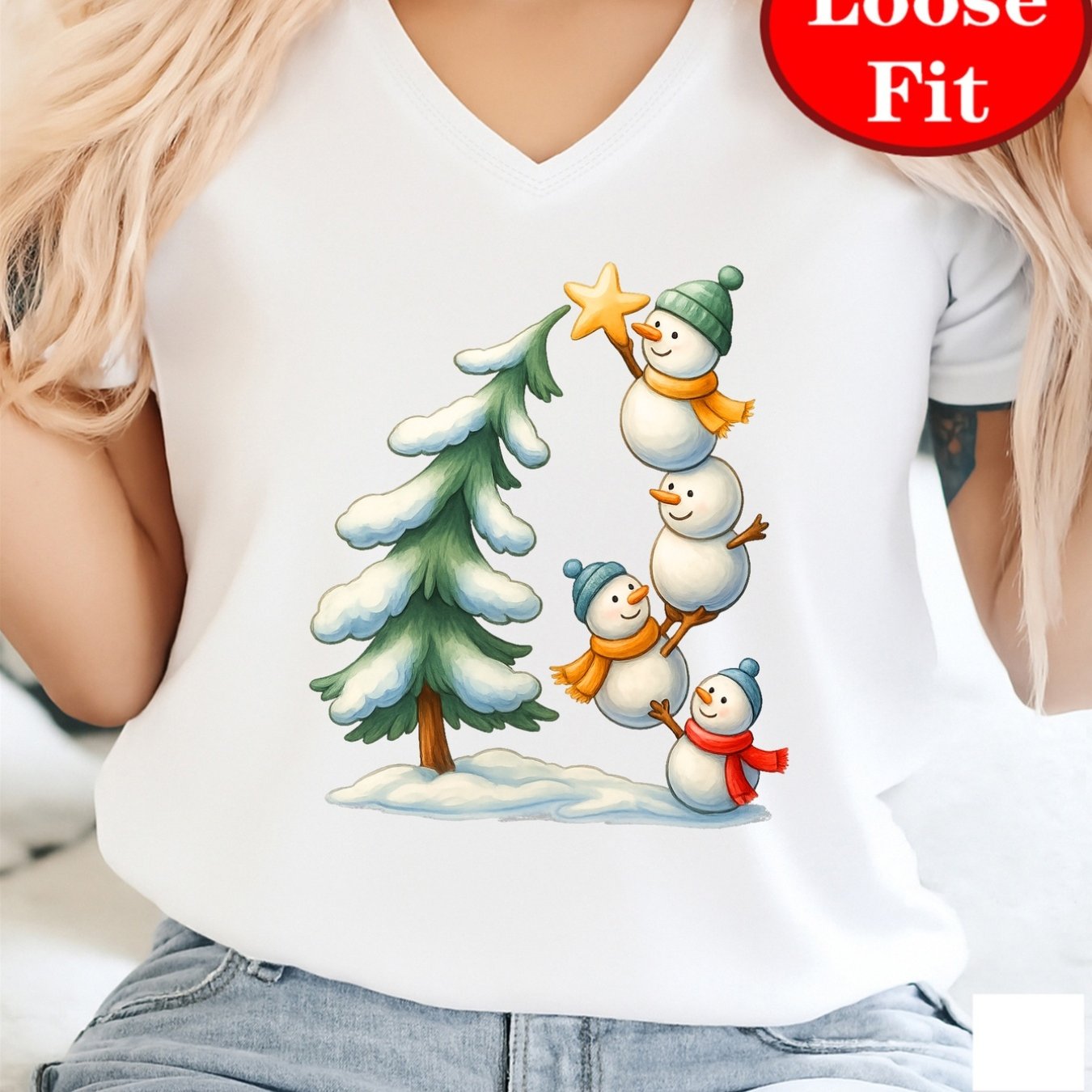TEMU Women's Plus Size Christmas Snowman V-neck T-shirt - Short Sleeve Blouse - With Snowman & Suitable For Spring/summer Casual Wear, Machine