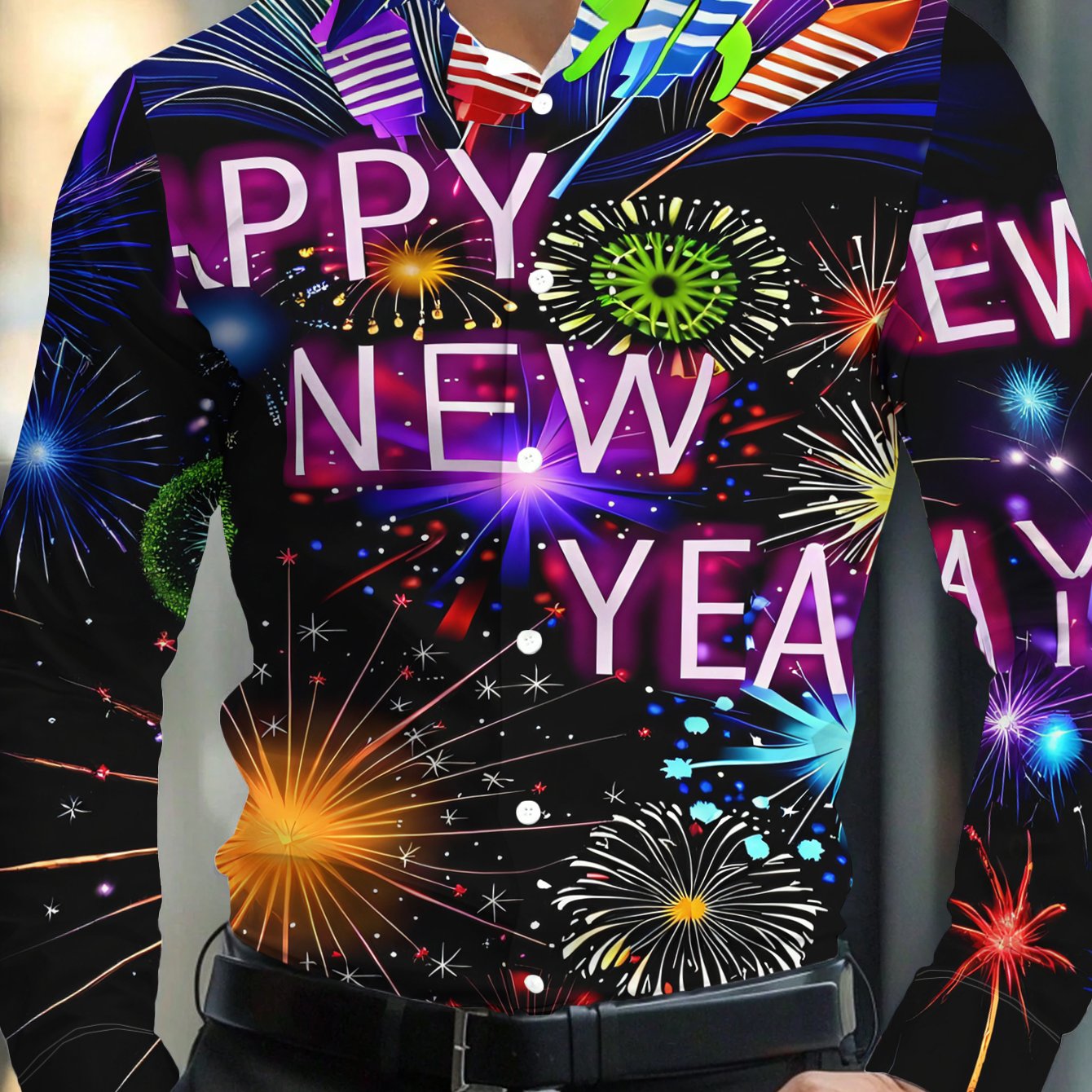 TEMU Men's Relaxed Casual Long-sleeve Shirt With Fireworks Background And "happy New Year" Text, A New Year Atmosphere - Effortlessly Comfortable,