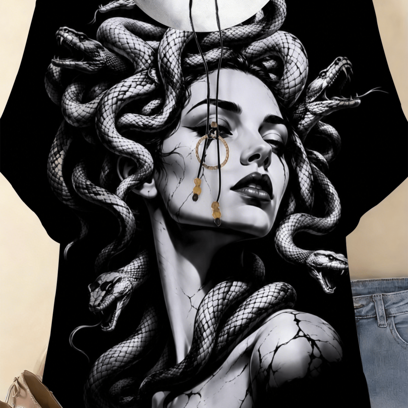 Image of Plus Size - 0-9xl Plus Size Medusa With Snakes Black White Art Women's Summer T-shirt Fashion Apparel Suitable For Spring, Summer, And Autumn Unique Print Machine Washable