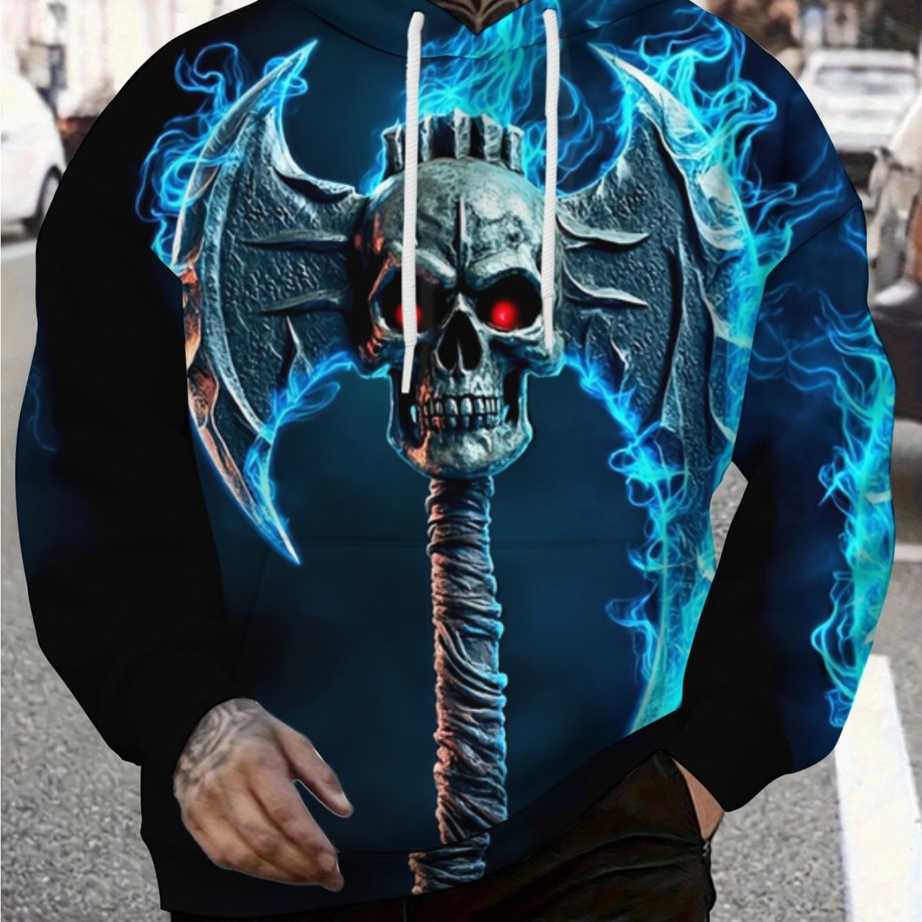 TEMU Men's Hooded Sweatshirt Featuring A Trendy Graphic Design With A Skull, Axe, And With Red Eyes, Perfect For Casual Wear During And Winter